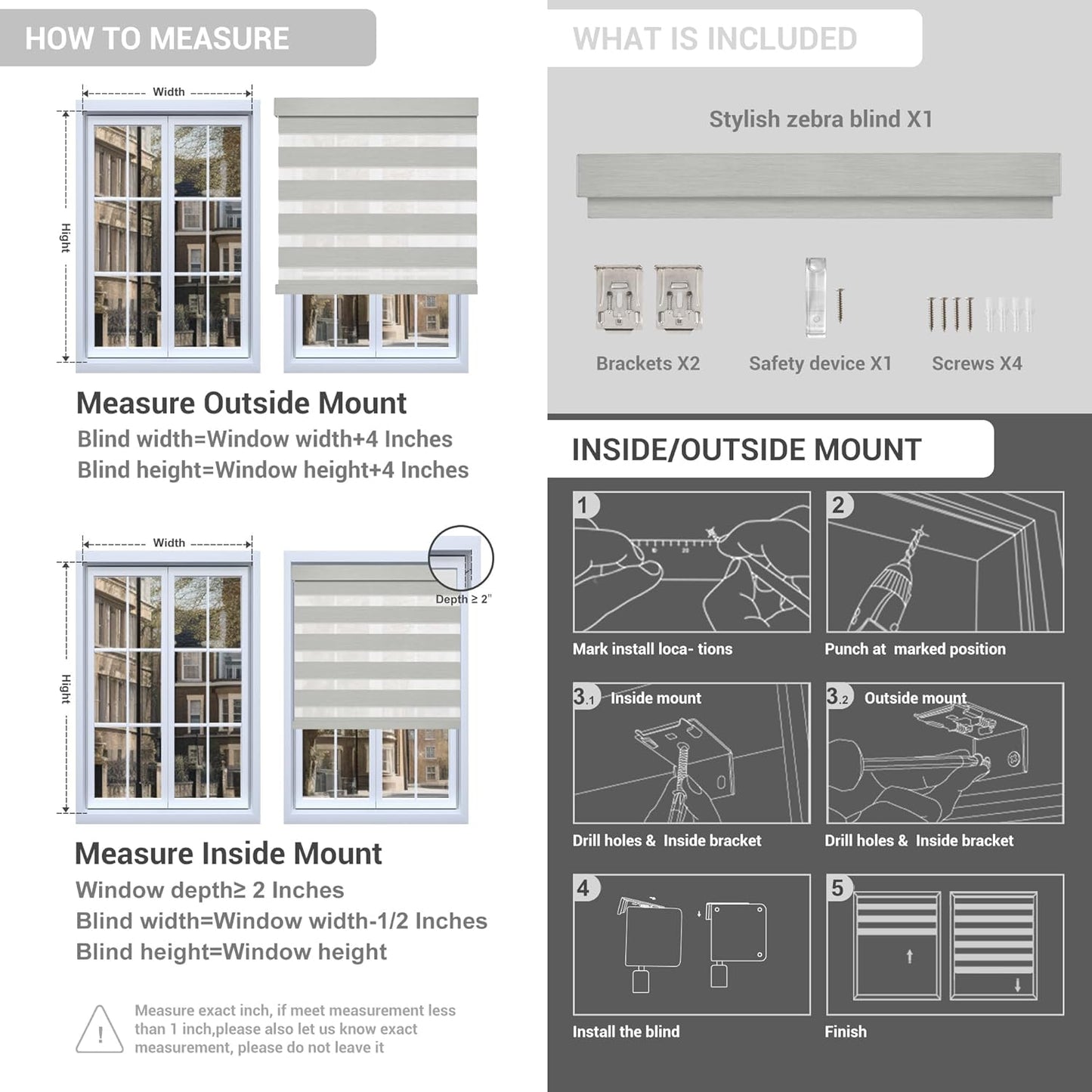 Cordless Zebra Blinds for Windows, Blackout Interior Blinds,Easy to Install,UV Protection,for Offices and Home,Custom Roller Shades, Mousse Grey,49" W x 88" H