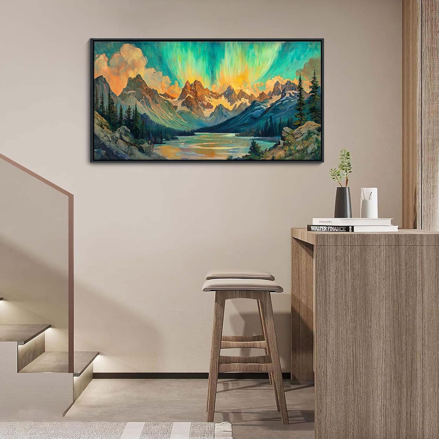 JEAWA Framed Canvas Wall Art - 20x40 In Abstract Painting Decor, Textured Mountain Lake Tree Aurora Pictures, Modern Art Prints for Bedroom Living Room Bathroom Home Decoration
