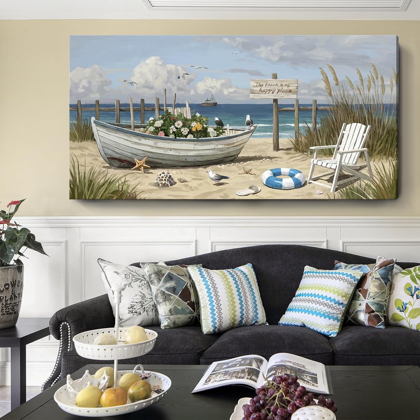 amatop Oversized Coastal Canvas Wall Art – Nautical Seaside Landscape Floral Boat on Sandy Beach Ocean Seabirds Horizontal Decor Large Wildflower Nature Artwork for Living Room Bedroom Office 58×29 Inch