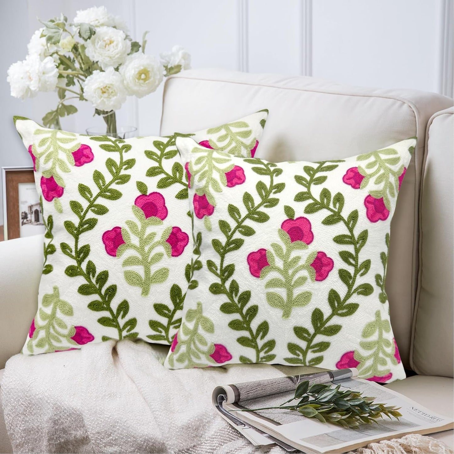 Alysheer Floral Embroidered Summer Decorative Throw Pillow Covers 20"x 20" Set of 2, Farmhouse Cottage Hot Pink Flowers Green Leaves Knit Pattern Cotton Canvas Cushion Case for Couch Bed Living Room