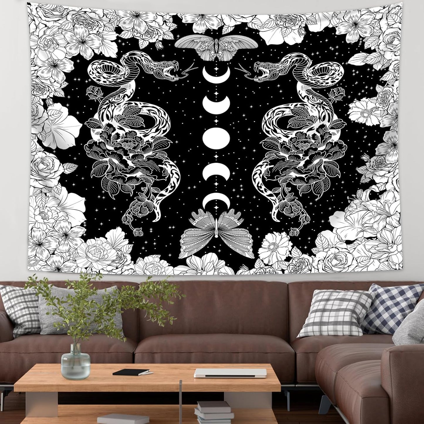 dueeia Moon Phase Witchy Tapestry Wall Hanging Snake Witch Occult Black and White Dark Tapestries for Bedroom Aesthetic Living Room Wall Decor (78.7"x59.1")