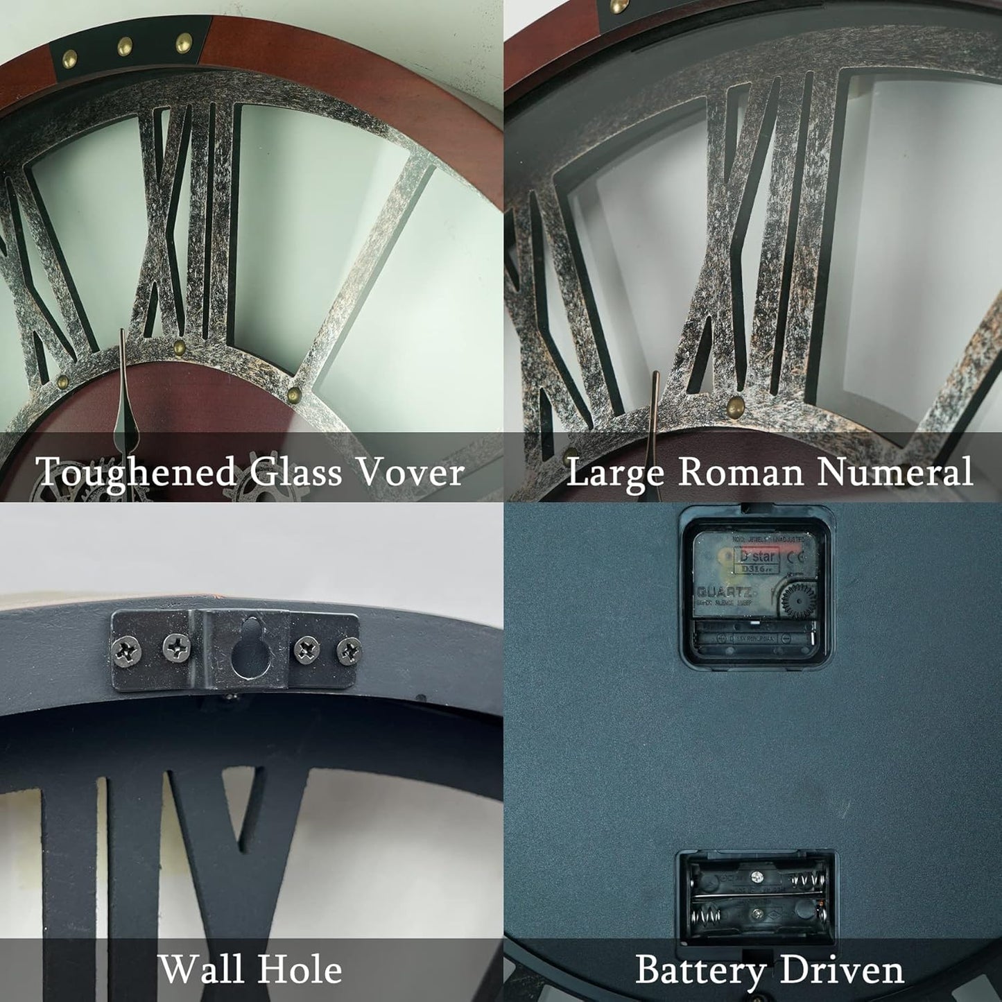 36 Inch Moving Gear Wall Clock, Oversized Wall Clocks, Clock Living Room Decor, Solid Wood Frame, Battery Operated, Large Wall Clock with Industrial for Fireplace(Black Walnut)