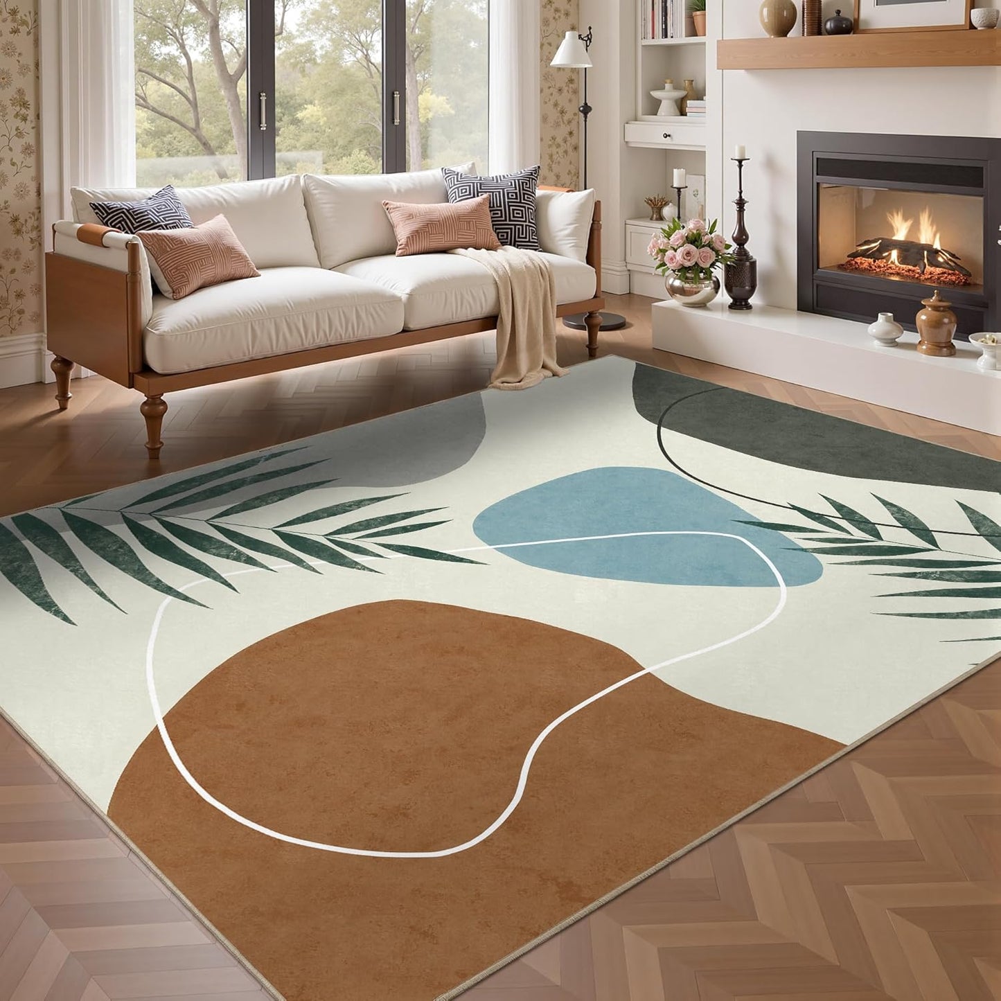 Indoor Outdoor Area Rug, Mid Century Outdoor Patio Rug, Washable Abstract Art Leaves Eucalyptus Rugs, Non-Slip Carpet for Camping, Living Room, Bedroom, Deck(8x10)