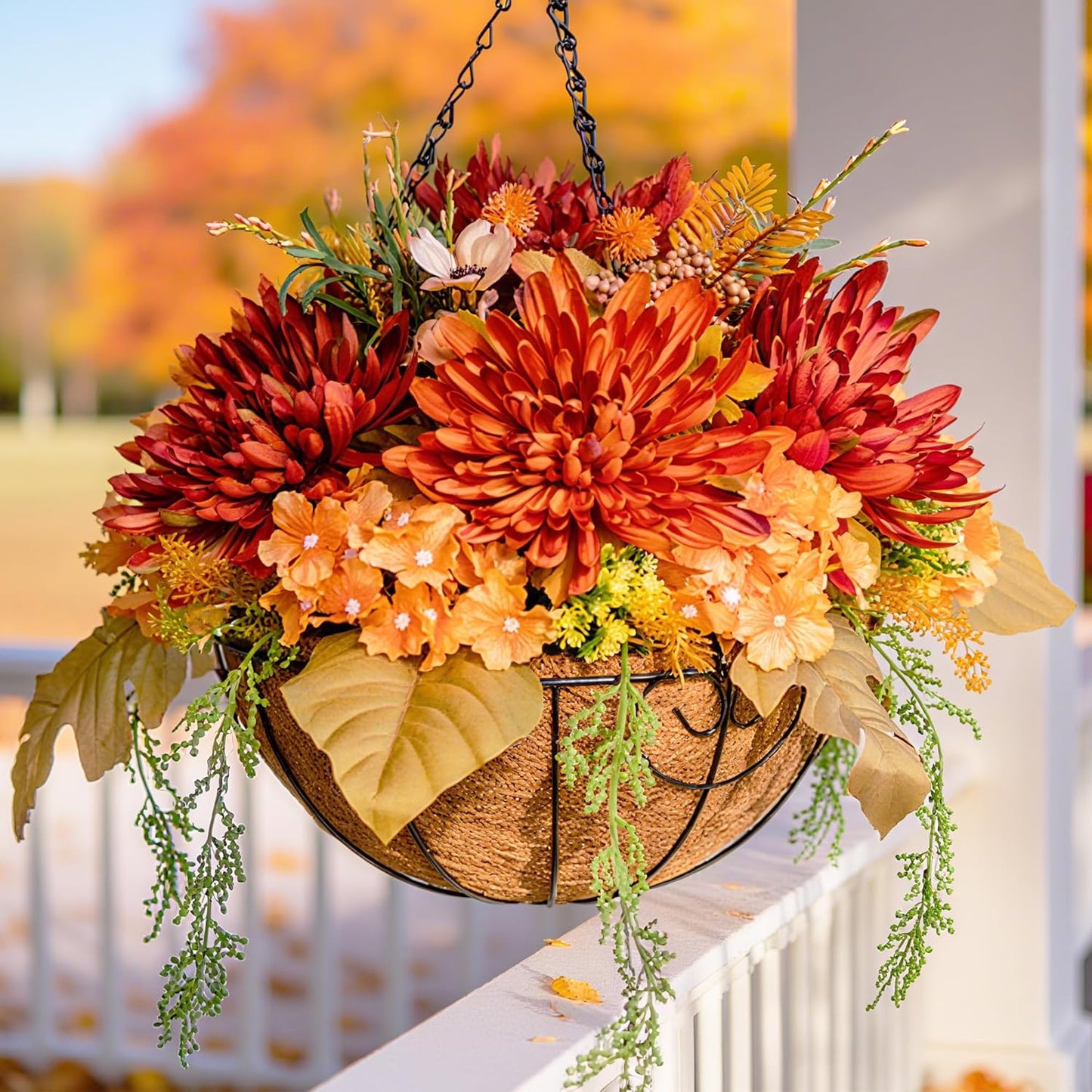 Artificial Fake Hanging Mums Flowers Plants Baskets for Outdoor Outside Decoration, Faux Silk Orange Flower Chrysanthemum UV Resistant Realistic for Porch Patio Balcony Yard Decor