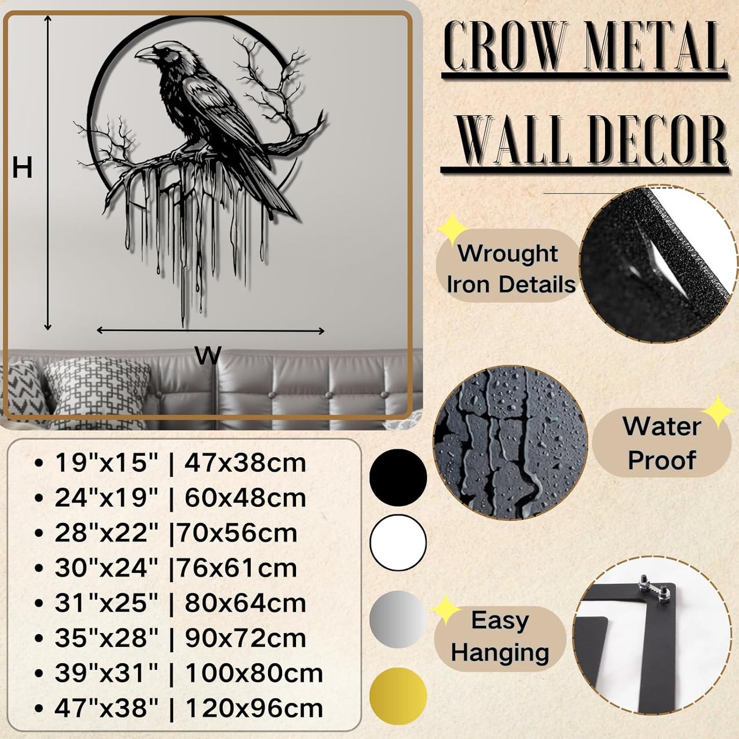Crow Metal Wall Decor, Raven Wall Art, Large Gothic Raven Decor Hangings, Bird Wall Decor, Metal Tree Branch Decor, Ravens Sign, Raven Art for Living Room (Gold, 35"x28" | 90x72cm, metal wall art)