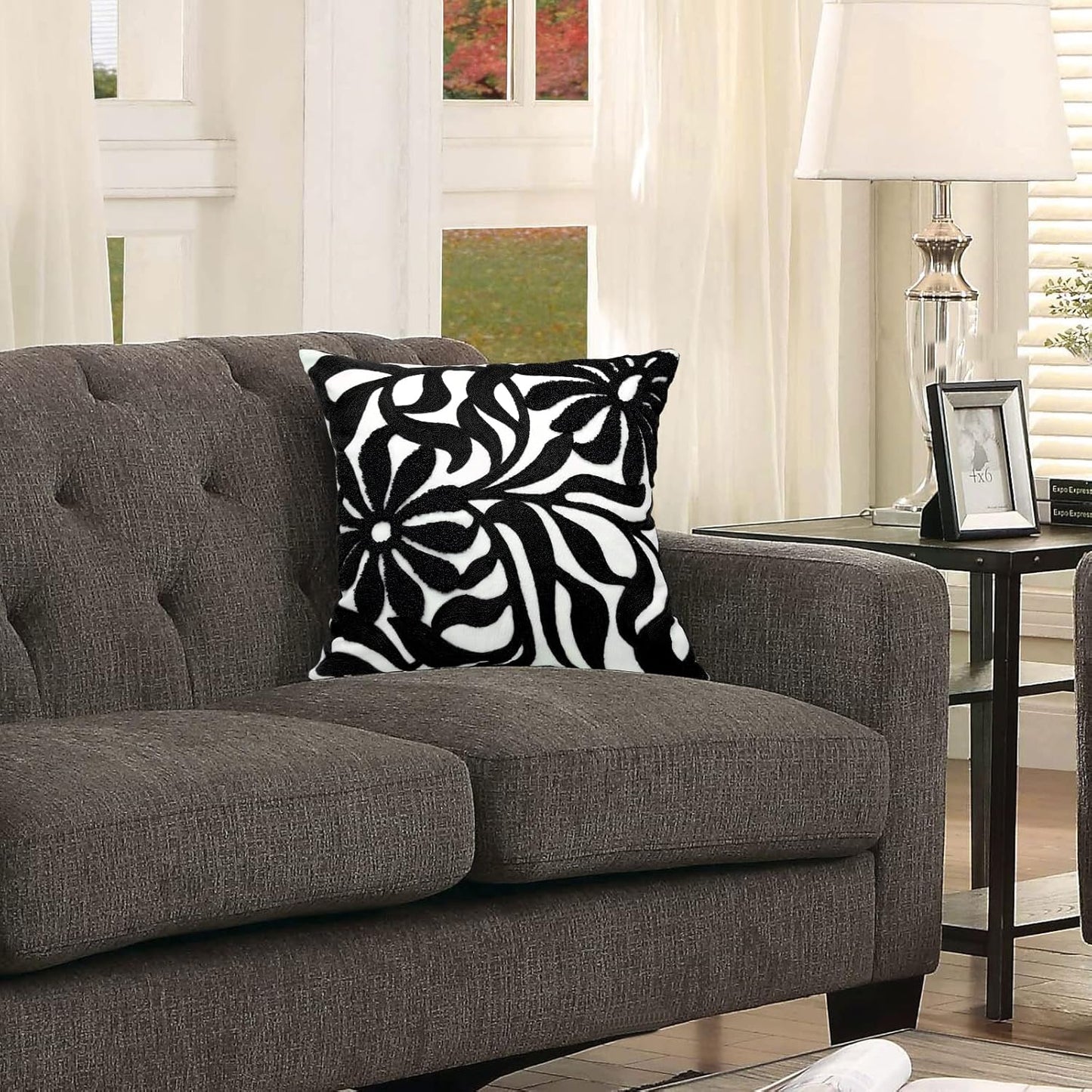 Alysheer Farmhouse Floral Leaves Embroidered Decorative Throw Pillow Cover 18x18 inches, Boho Tufted Flowers Embroidery Pattern Chic Cotton Cushion Case for Couch Bed Sofa Living Room(Black)