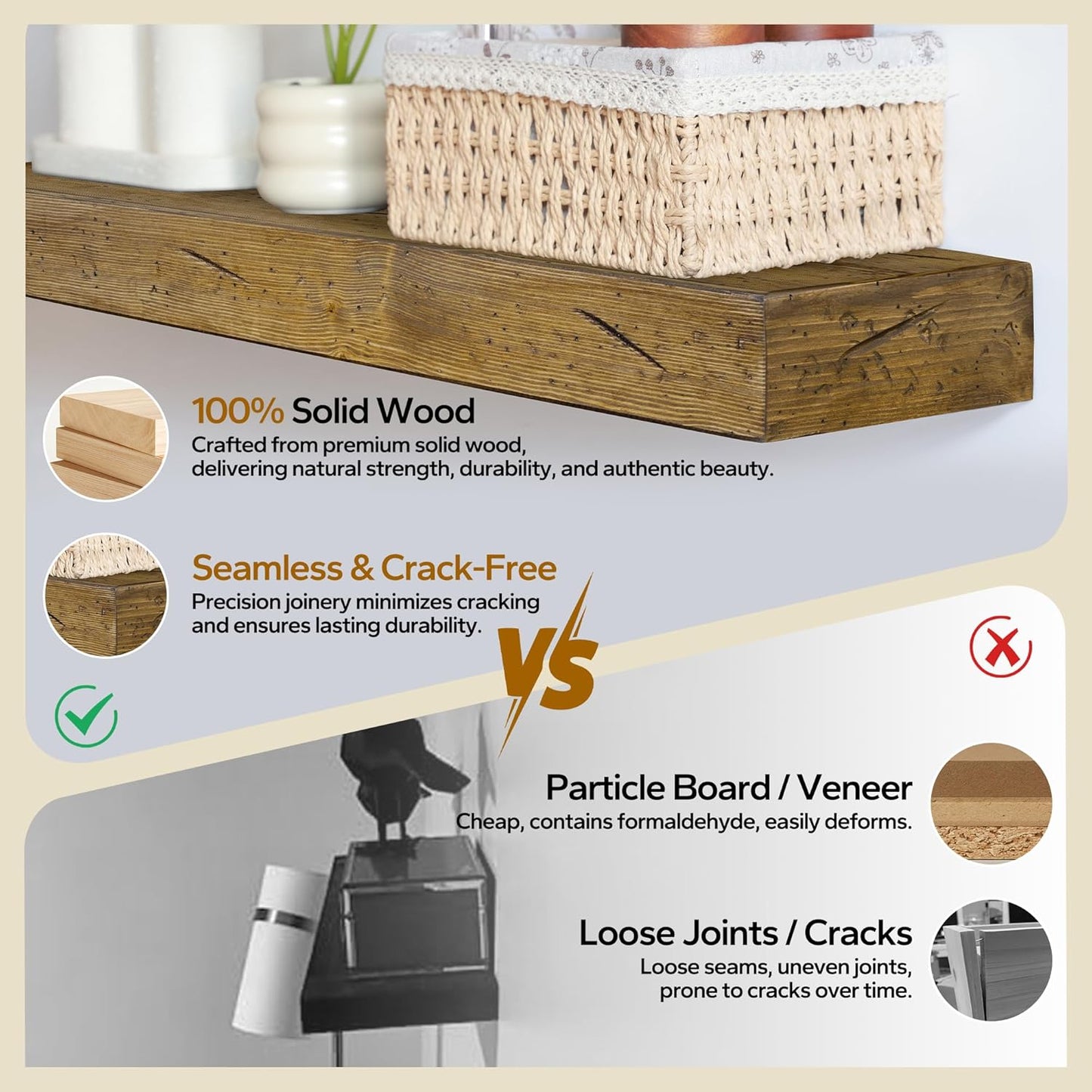 Floating Shelves 3 inch Thick for Wall Set of 2,Solid Pine Wood Wall Mount Shelf for Kitchen Living Room Bedroom Bathroom,8" D x 48" L x 3" H-Distressed Black Walnut