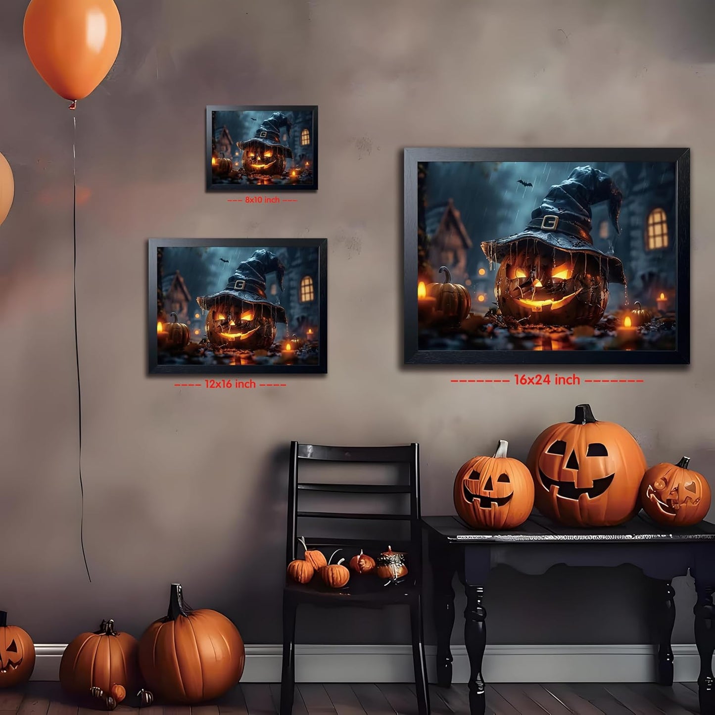 Wood Framed Dark Halloween Pumpkin Wall Art, Gothic Witch Hat Jack-o'-Lantern Canvas Print, Dark Academia Spooky Haunted House Poster Wall Art for Living Room Bedroom Room Aesthetics 16x24 inch