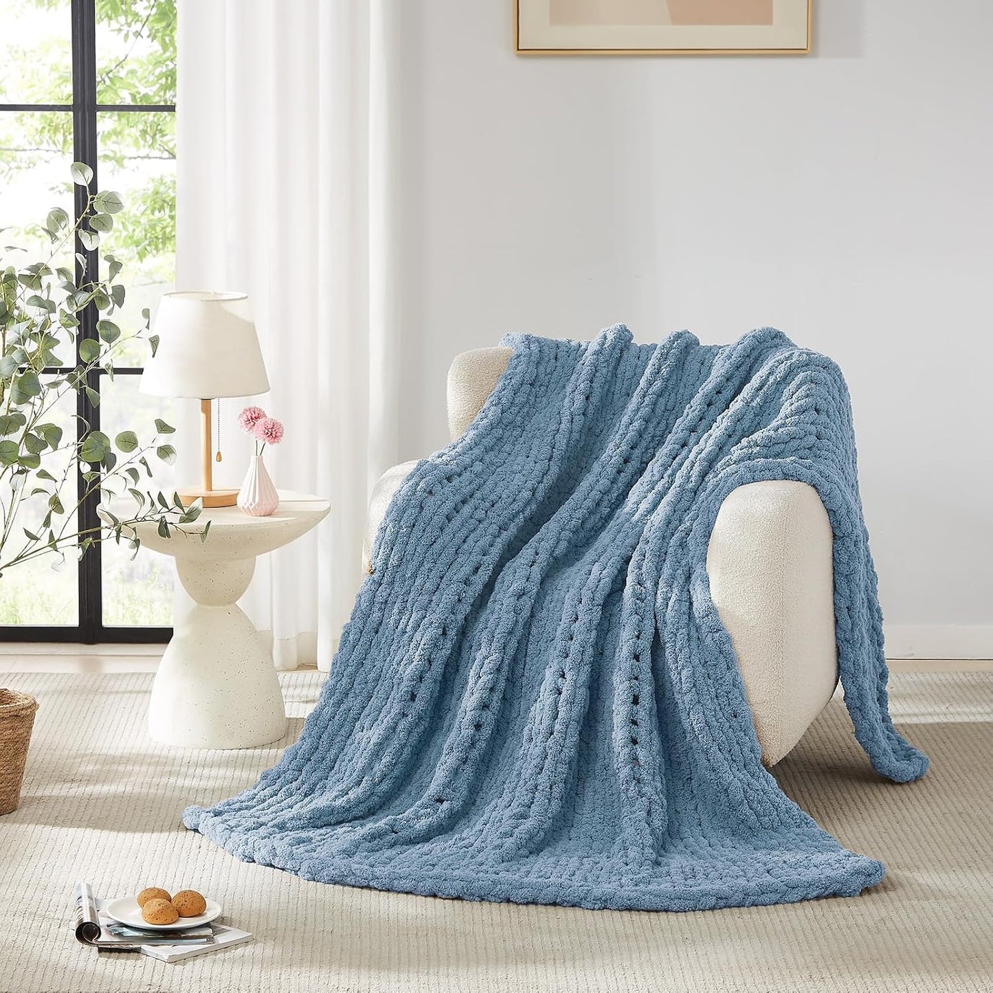 L'AGRATY Chunky Knit Blanket Throw: 72''x84'' Chenille Chunky Knitted Throw Blankets for Bed Couch - Handmade Thick Big Cable Knit Blanket - Large Crochet Rope Blankets for Home Decor(Airy Blue)