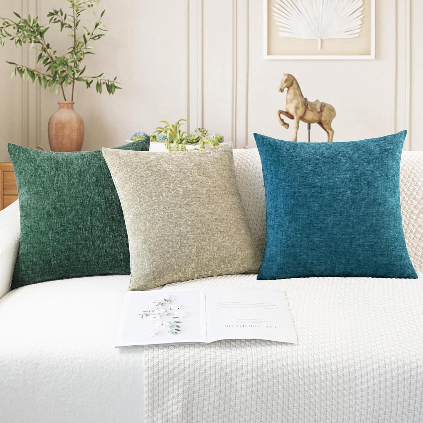 CaliTime Throw Pillow Covers Decorative 24 X 24 Inches Pack of 2 Cozy Chenille Cushion Cases for Couch Sofa Bed Living Room Home Dark Green