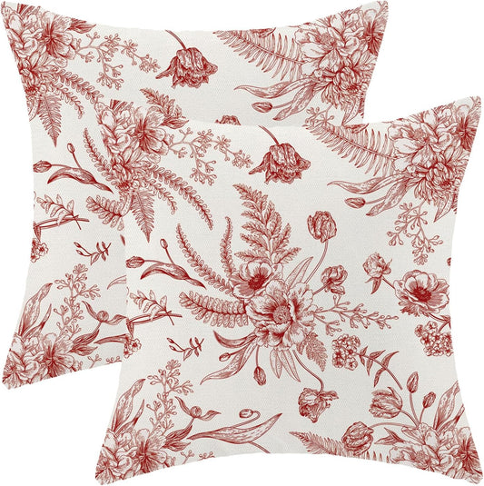 Wine Red Spring Pillow Covers 18 x 18 Inch Set of 2 for Chinoiserie Flowers Decor Throw Pillows Burgundy Floral Leaves Seasonal Plant Outdoor Decorative Cushion Cases for Couch Bed Decorations