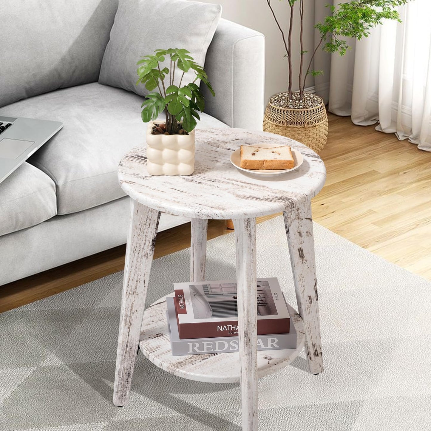 Farmhouse Round Side Table Rustic White Wooden End Table with Lower Shelf Vintage Nightstand Beside Table for Living Room Bedroom Small Spaces