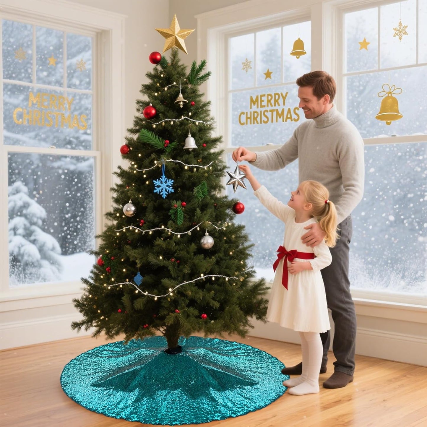 Eternal Beauty Christmas Tree Skirt, 24 Inch Teal Sequin Tree Skirt Small Xmas Tree Skirt for Christmas Tree Decorations