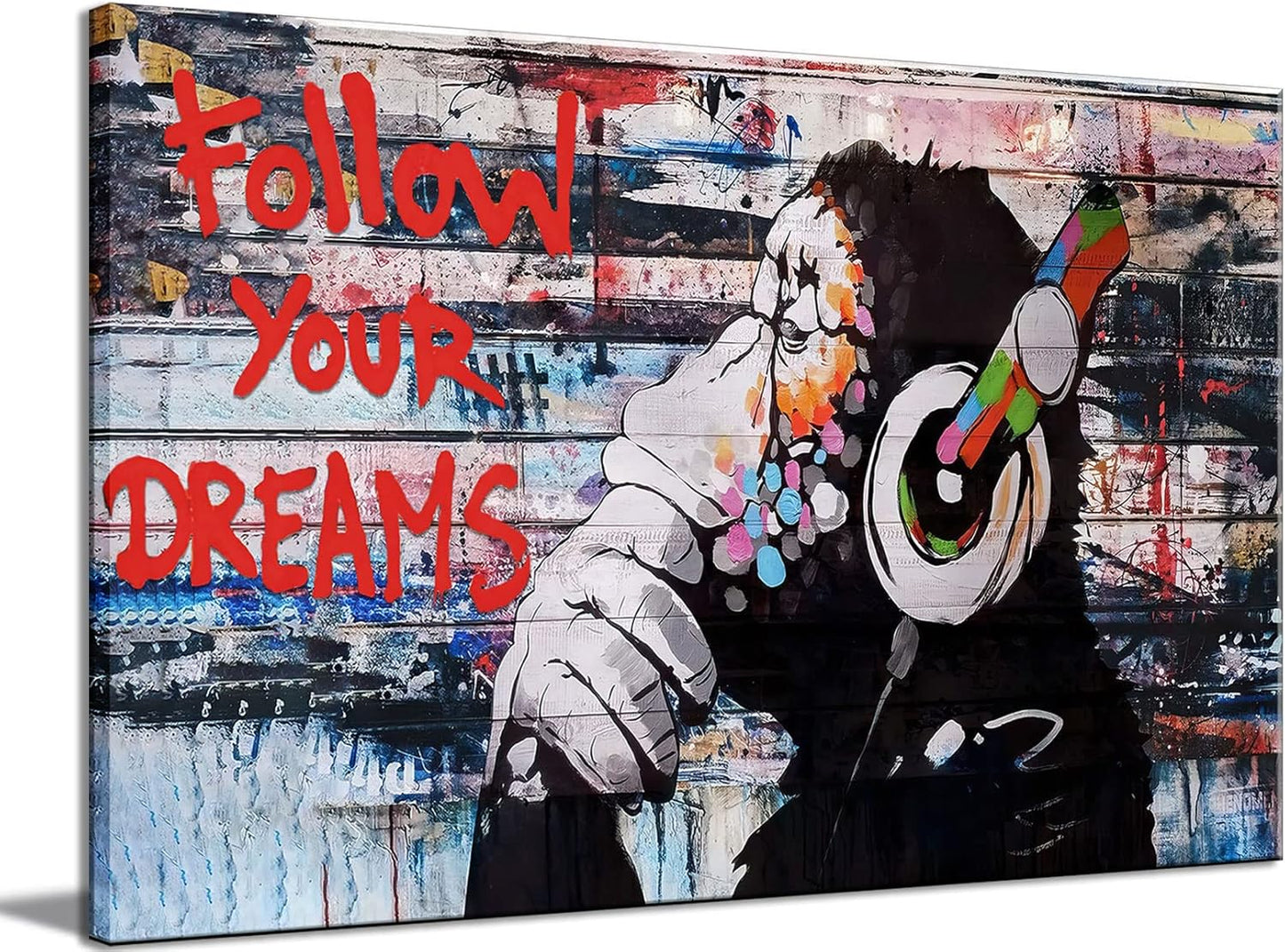 Framed Banksy Graffiti Canvas Wall Art Follow Your Dreams Monkey Poster With Headphones Prints Street Painting Picture Man Cave Wall Decor Pop Art for Living Room Ready To Hang 16"Wx 24"H (40x60cm)