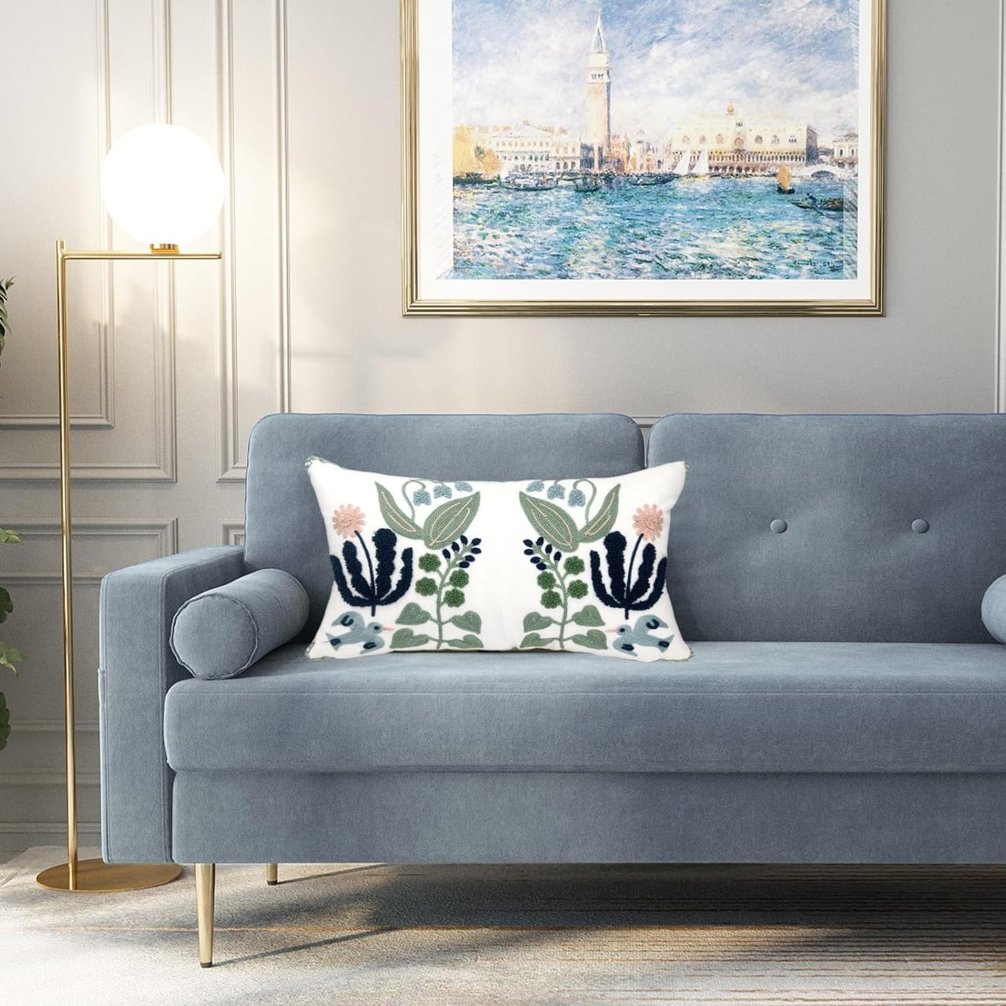 Alysheer Floral Embroidered Summer Lumbar Decorative Throw Pillow Cover 12"x 20", Farmhouse Cottage Navy Blue Green Flowers Leaves Patterned Cotton Canvas Cushion Case for Sofa Couch Bed Living Room