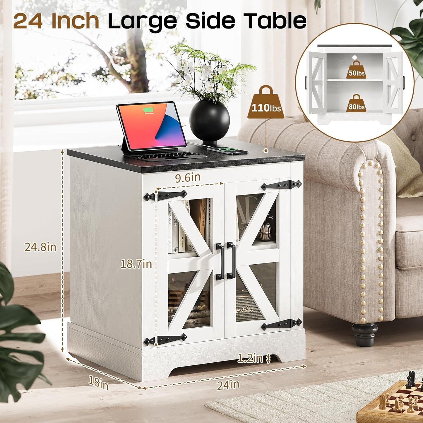 Farmhouse Side Table - 24" Large Night Stand Set 2, Wood Nightstand with Charging Station, Bedside Table with Adjustable Shelf, End Tables Living Room, Rustic Bed Side Tables Bedroom, White