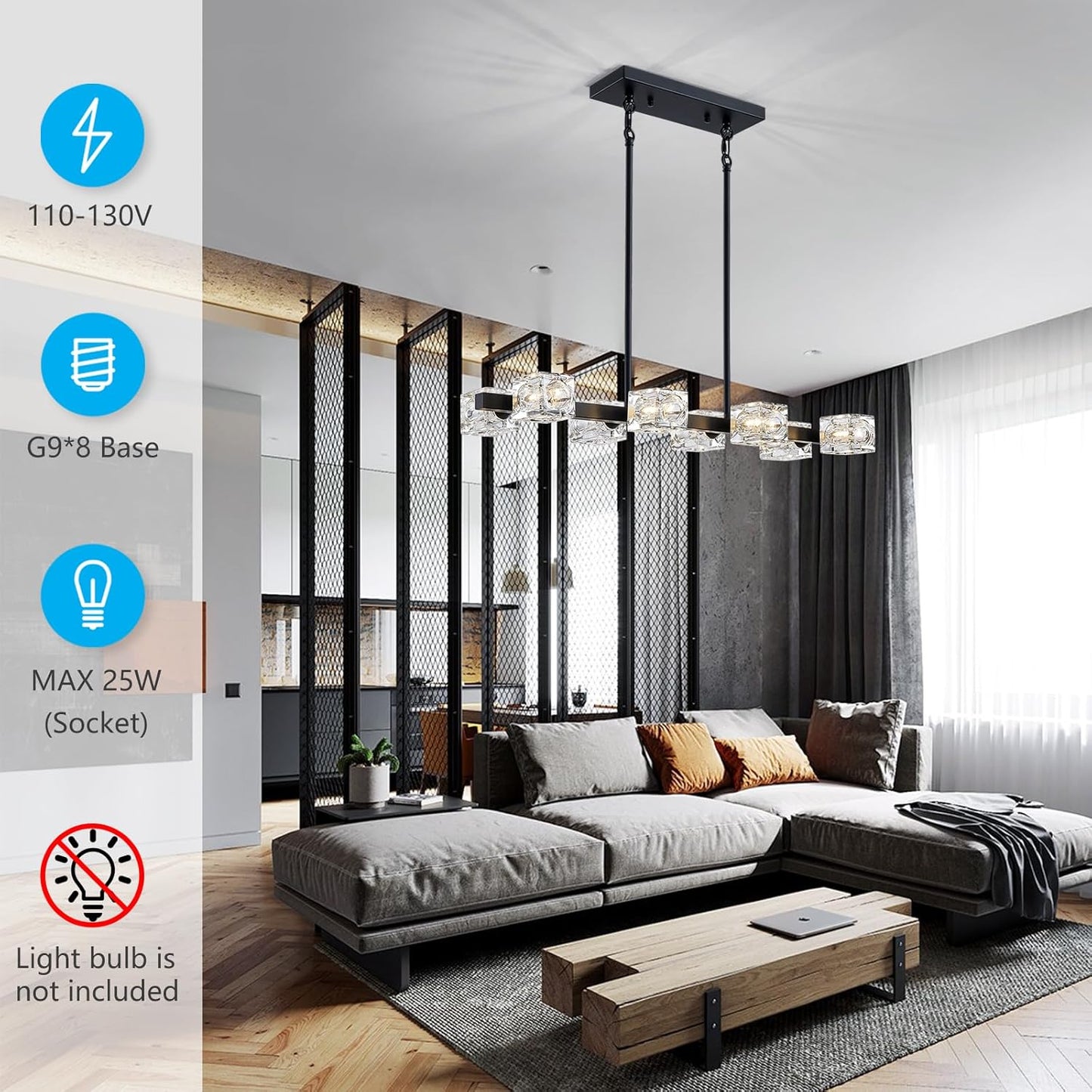 XINGQI Modern Chandeliers for Dining Room Over Table, 8-Light Rectangular Kitchen Island Light Fixture, Linear Farmhouse Metal Glass Black Vintage Hanging Lamp for Living Room Bar