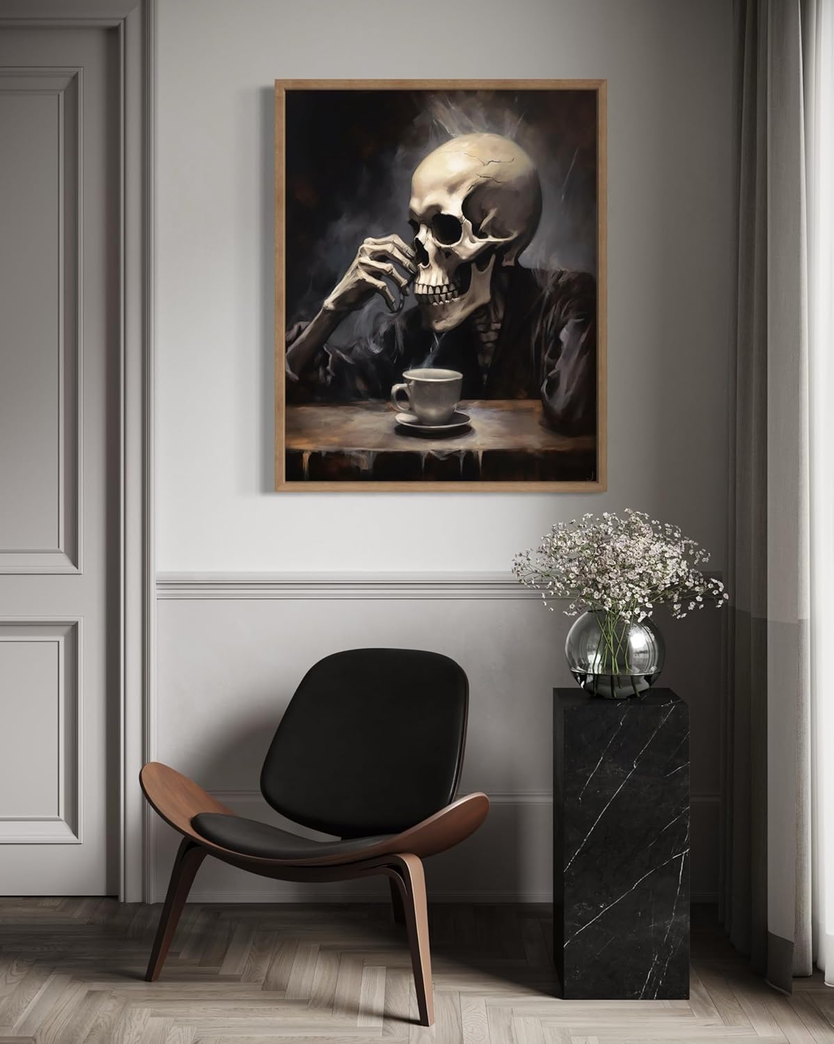 Skull Drinking Coffee Poster Art Print, Halloween Scary Vintage Wall Art Academia Spooky Painting Decoration for Horror Prints, Gothic Posters Bedroom Decor 89 (Skull Drinking Coffee, 8 x 10 inches, Wood Frame)