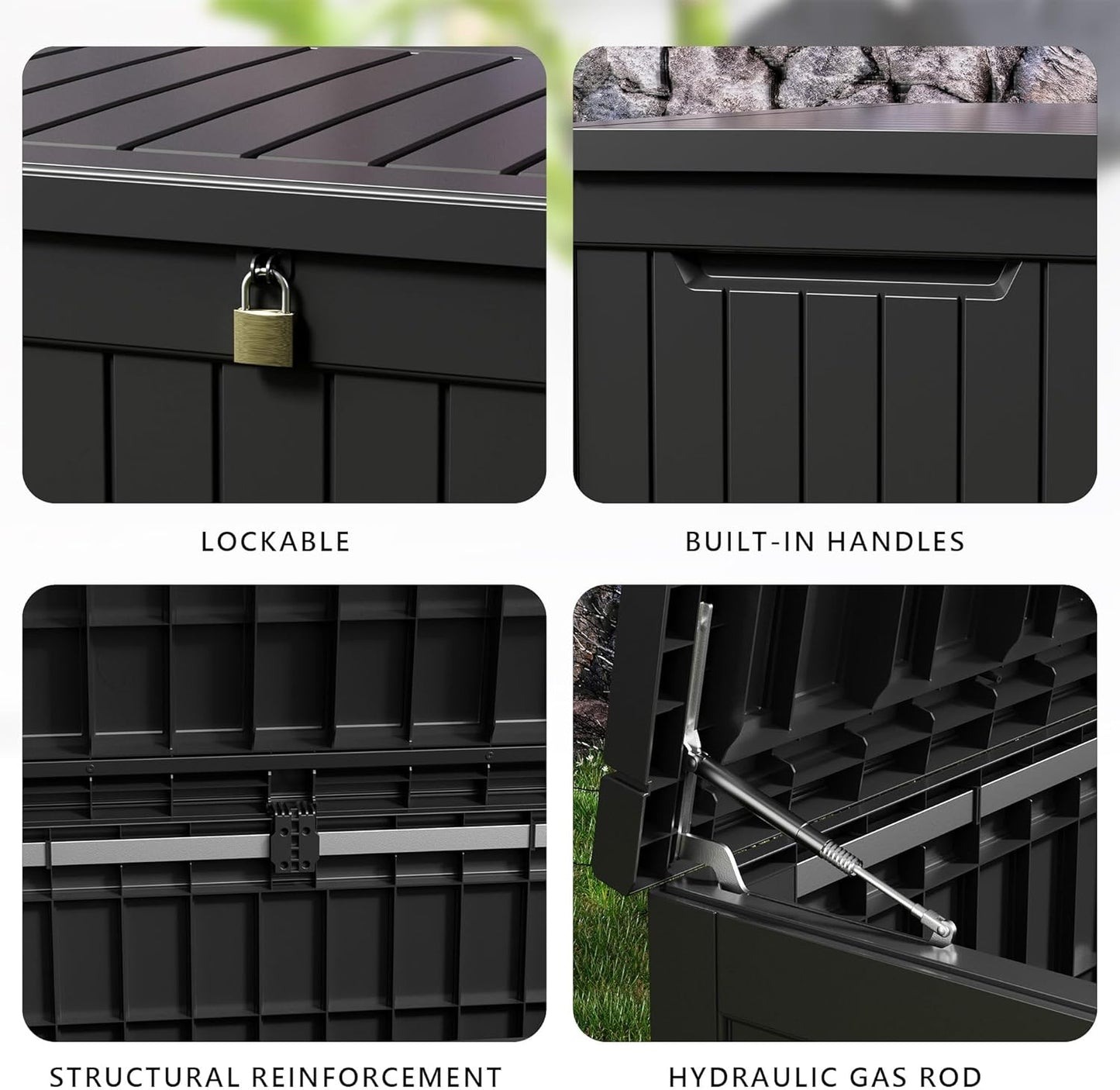 DRATO 230 Gallon Deck Box, Outdoor Large Waterproof Resin Storage Box with Lockable Lid for Patio Cushions, Gardening Tools, Sports Equipment, Black
