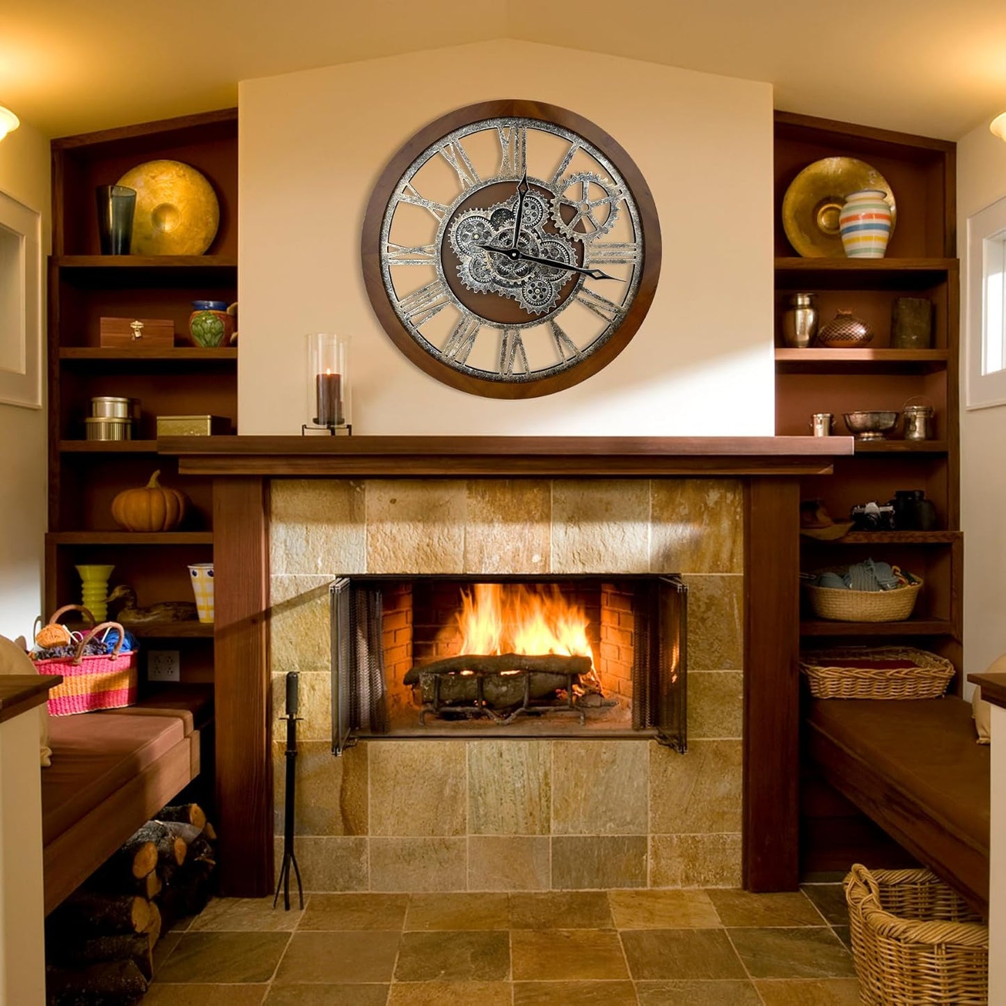 HOIBAI Clocks for Living Room Decor, Large Wall Clock 24 in (60cm) Clocks Wall Decor, Moving Gear Wall Clock, Farmhouse Vintage Industrial Oversized