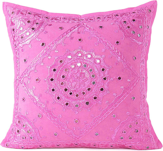 Eyes of India Embroidered Decorative Boho Throw Pillow Cover with Mirrors, Handmade Bohemian Accent Cushion Case for Sofa Couch Bedroom Living Room (Pink, 16" x 16")