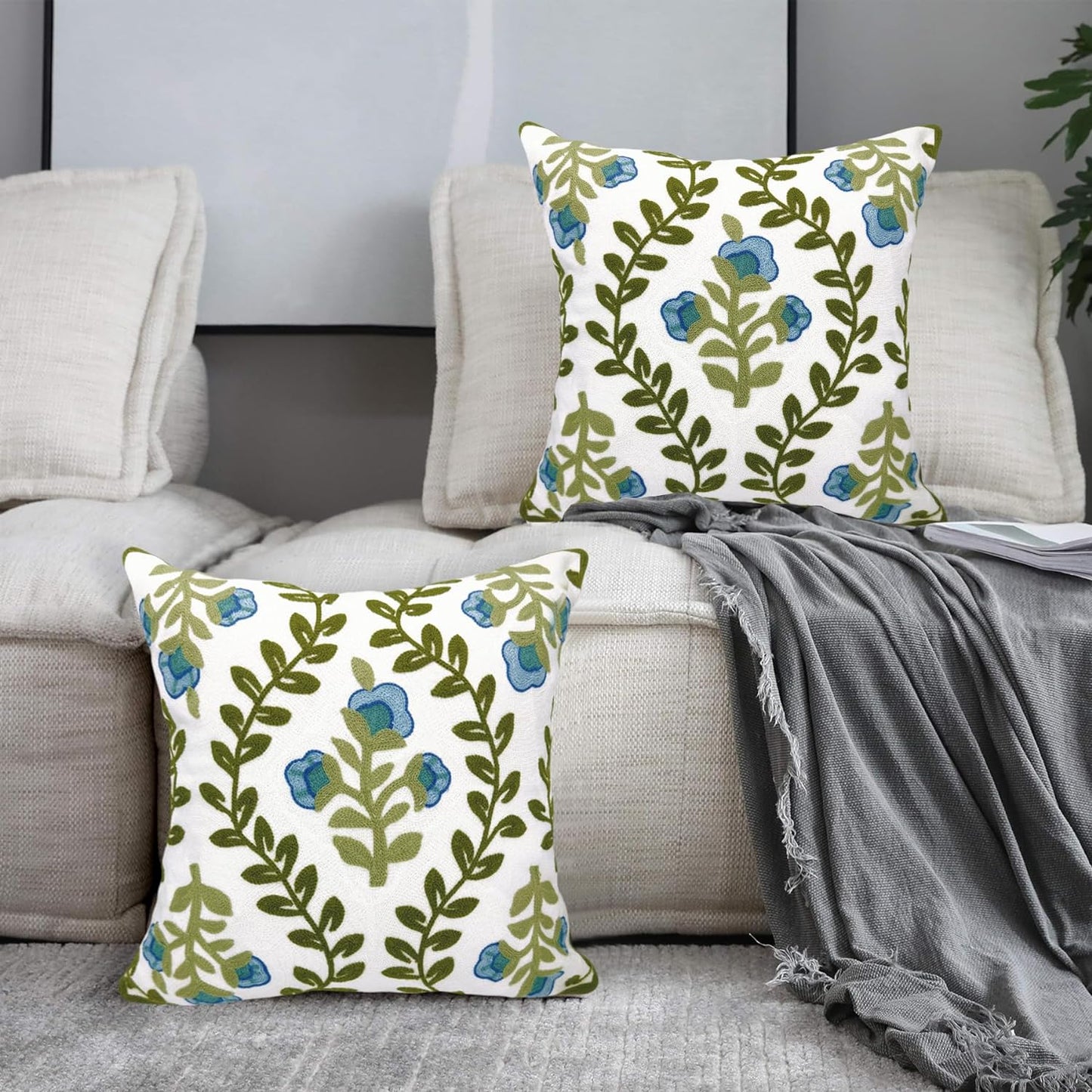 Alysheer Floral Embroidered Summer Decorative Throw Pillow Covers 18"x 18" Set of 2, Farmhouse Blue Flowers Green Vines Patterned Cotton Cushion Cases for Couch Bed Living Room Cottage Decor