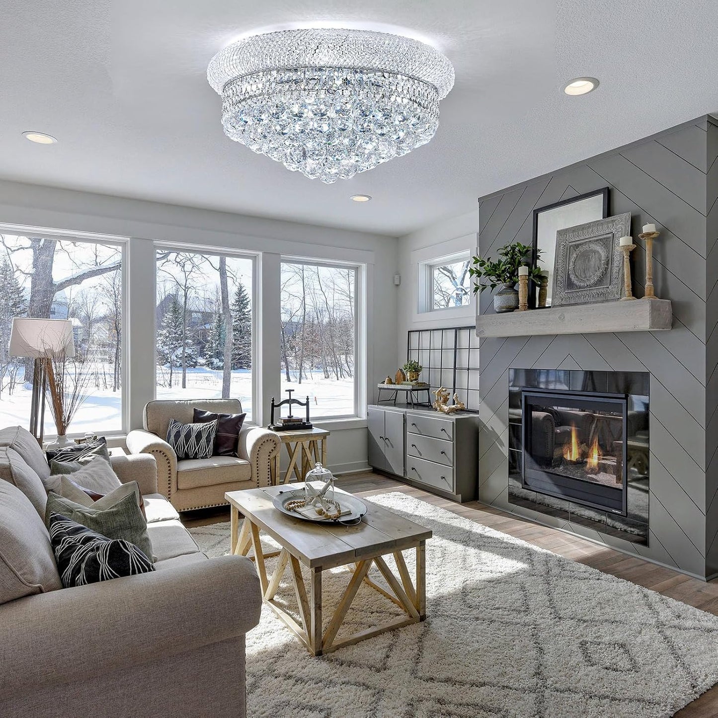 9-Light Crystal Flush Mount Chandelier Ceiling Light Fixture for Living Room Dining Room Bedroom Foyer Entryway Hallway Closet Bathroom (Chrome D22)