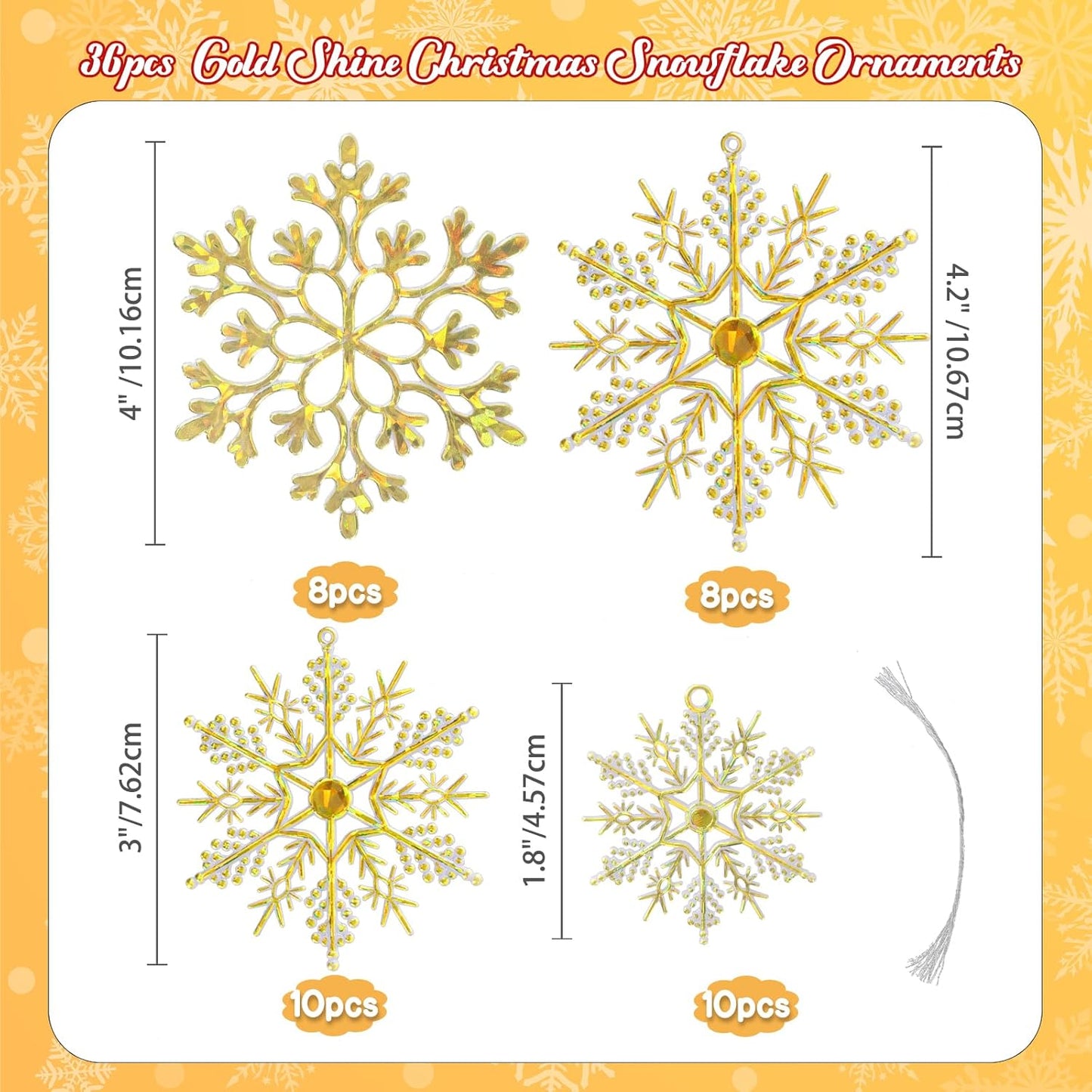 36pcs Gold Shine Christmas Snowflake Ornaments, Plastic Glitter Hanging Snow Flakes for Christmas Tree Decorations Winter Wonderland Frozen Birthday Party Holiday Home Decor