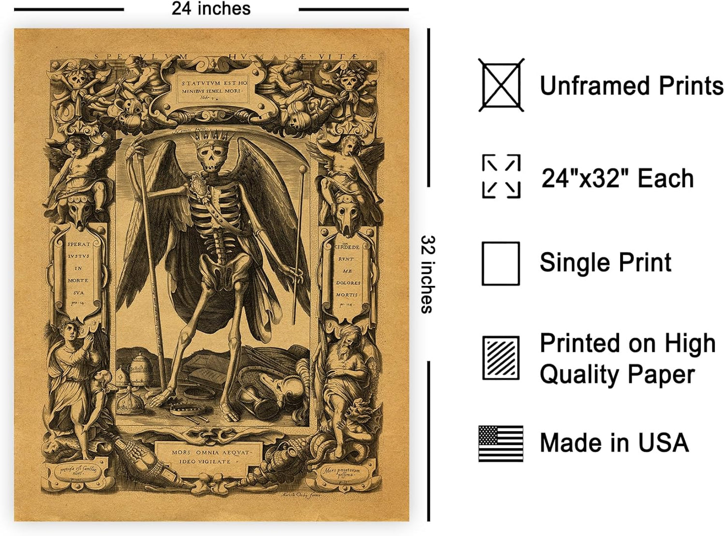 Poster Master Vintage Medieval Poster - Retro Gothic Print - Gift for Artist, Friend - Angel of Death, Memento Mori, Life, Skeleton, Dark - Wall Decor for Home, Living Room, 24x32 Unframed Wall Art