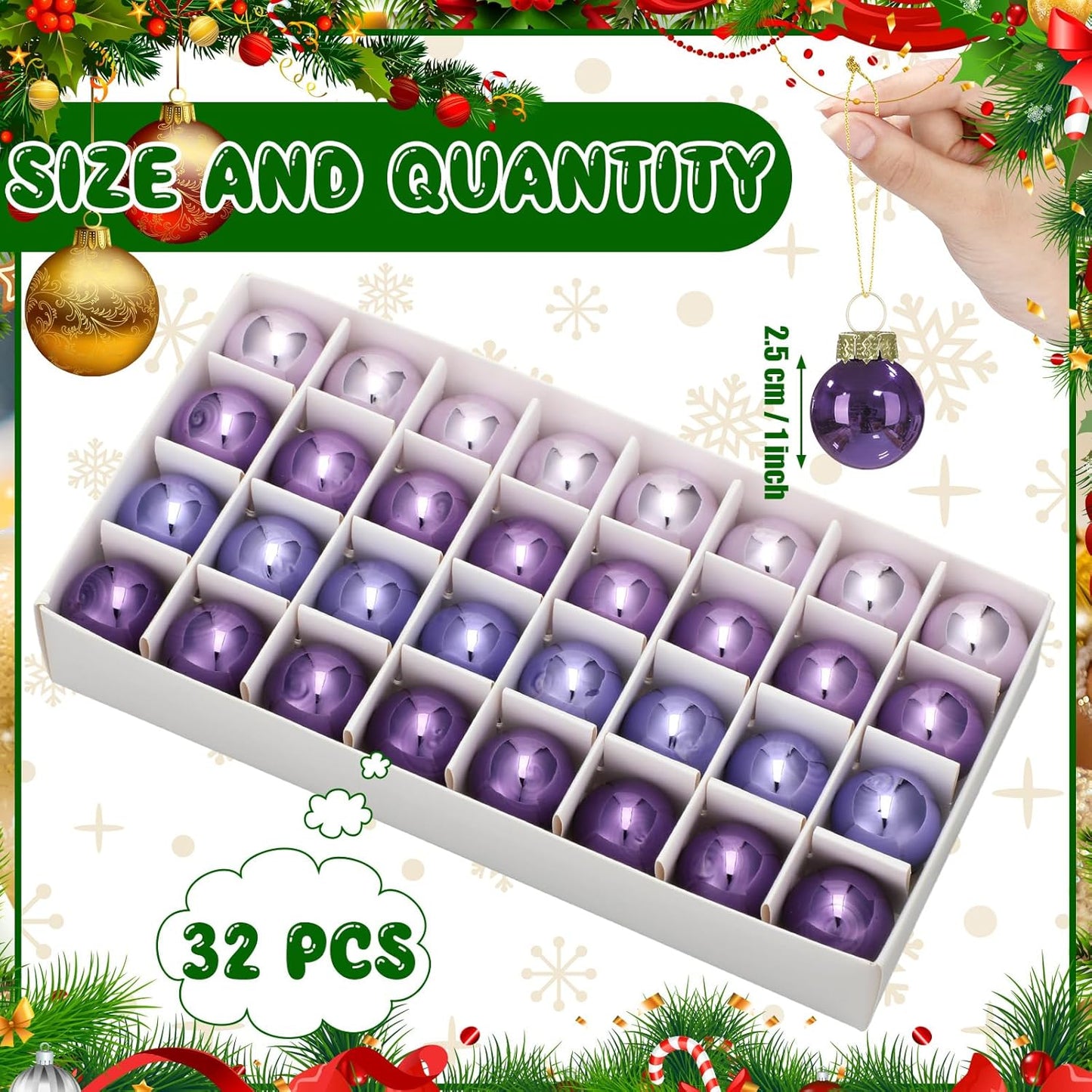 Tioncy 32 Pcs 1 Inch Mini Glass Christmas Ornaments Balls Shiny Christmas Balls Tiny Tree Hanging Decoration Small Colorful Ball Pendant for Xmas Party Supplies(Purple Series)