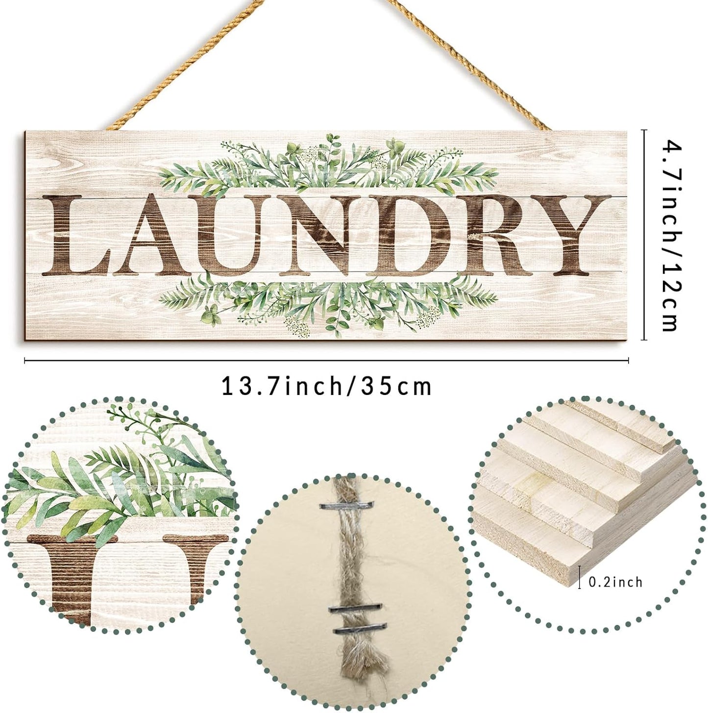 Laundry Sign Wall Decor, Kitchen Wall Art with Plant Print, Rustic Farmhouse Wall Hanging Plaque Home Kitchen Decorative (Laundry), 4.7 x 13.7 inches