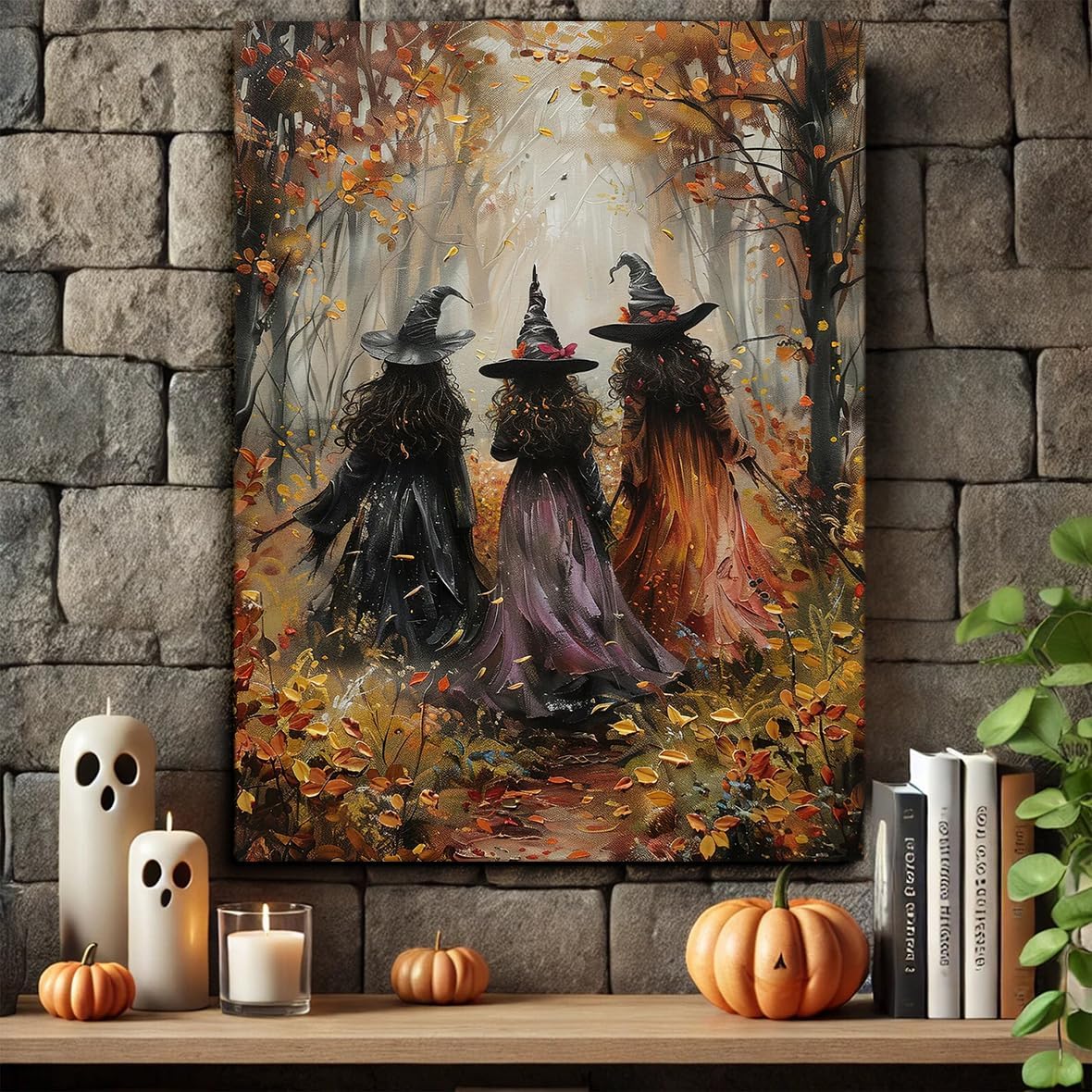 Vintage Three Witches In The Forest Painting Witch Print Witchy Canvas Print Halloween Wall Art Halloween Decor Witch Poster Dark Academia Gothic Room Decor for Dorm Bedroom 12x16in Frame wall art