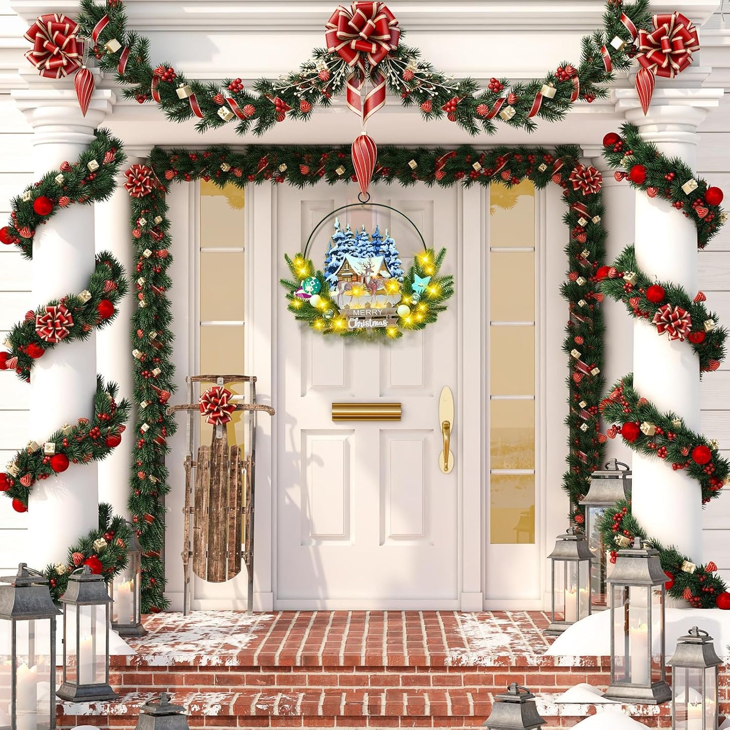 Light up Christmas Wreaths for Front Door, Welcome Metal Wooden Door Wreath Decor Hanging Sign, 30 LED Lighted Wall Decor Battery Operated for Halloween Indoor Outdoor (Deer)