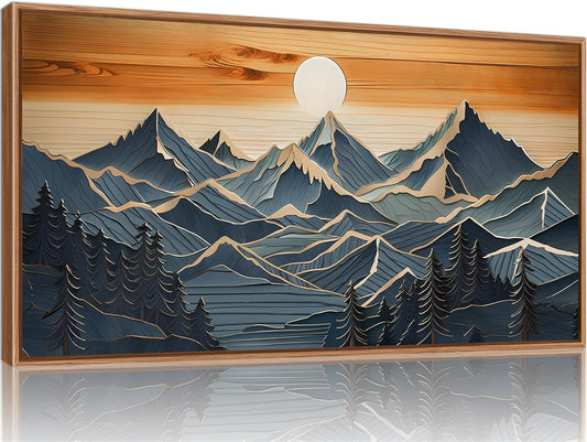 Tinonedraw Metal Mountain Framed Canvas Wall Art, Boho Mountains Forest Artworks, Mid Century Modern Blue Ridge Wall Decor, Vintage Nature Sunset Art Print for Living Room Bedroom Office 20"x40"