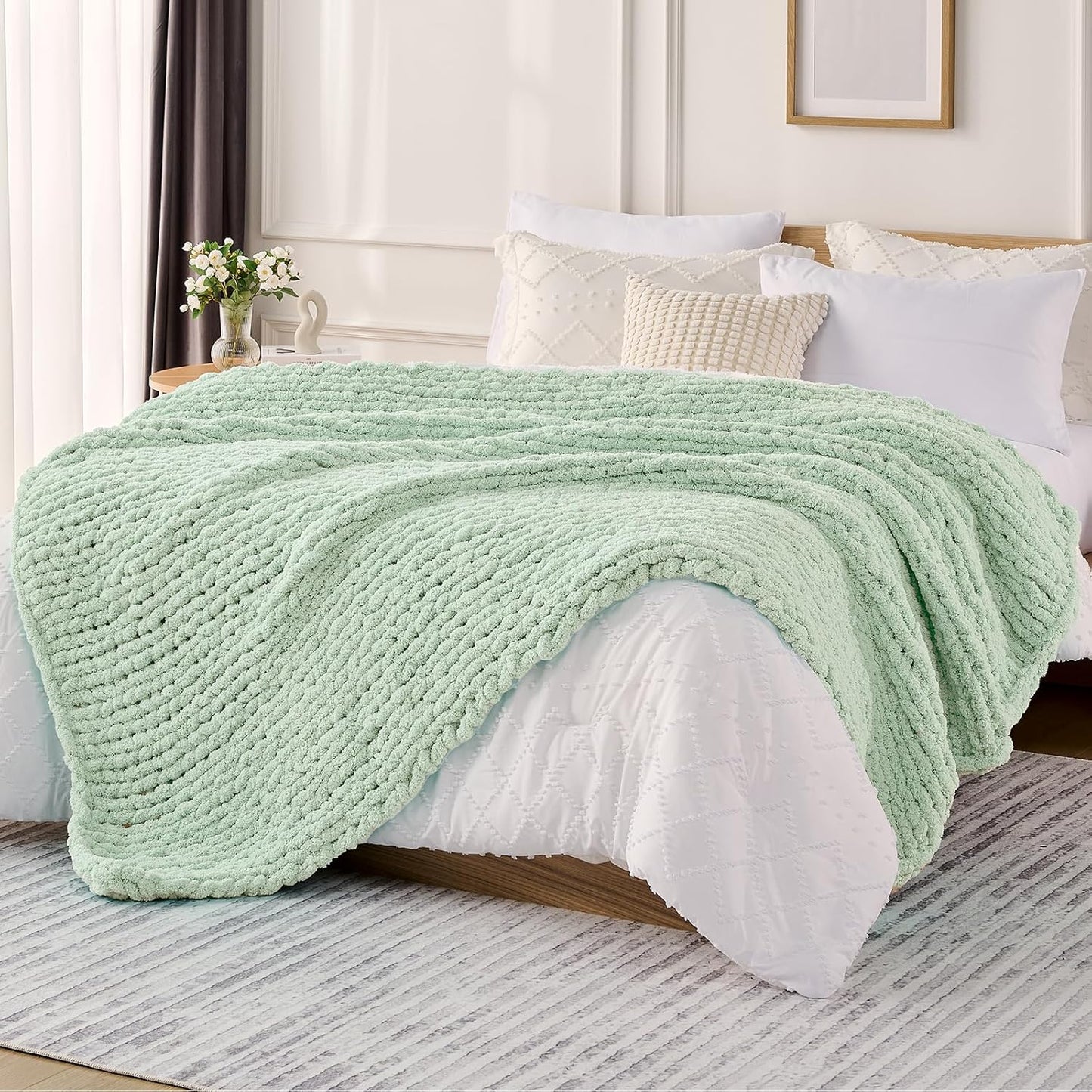 L'AGRATY Chunky Knit Blanket Throw: 60''x80'' Chenille Chunky Knitted Throw Blanket for Bed Couch - Handmade Thick Big Cable Knit Blanket - Large Crochet Rope Blanket for Home Decor(Milky Green)