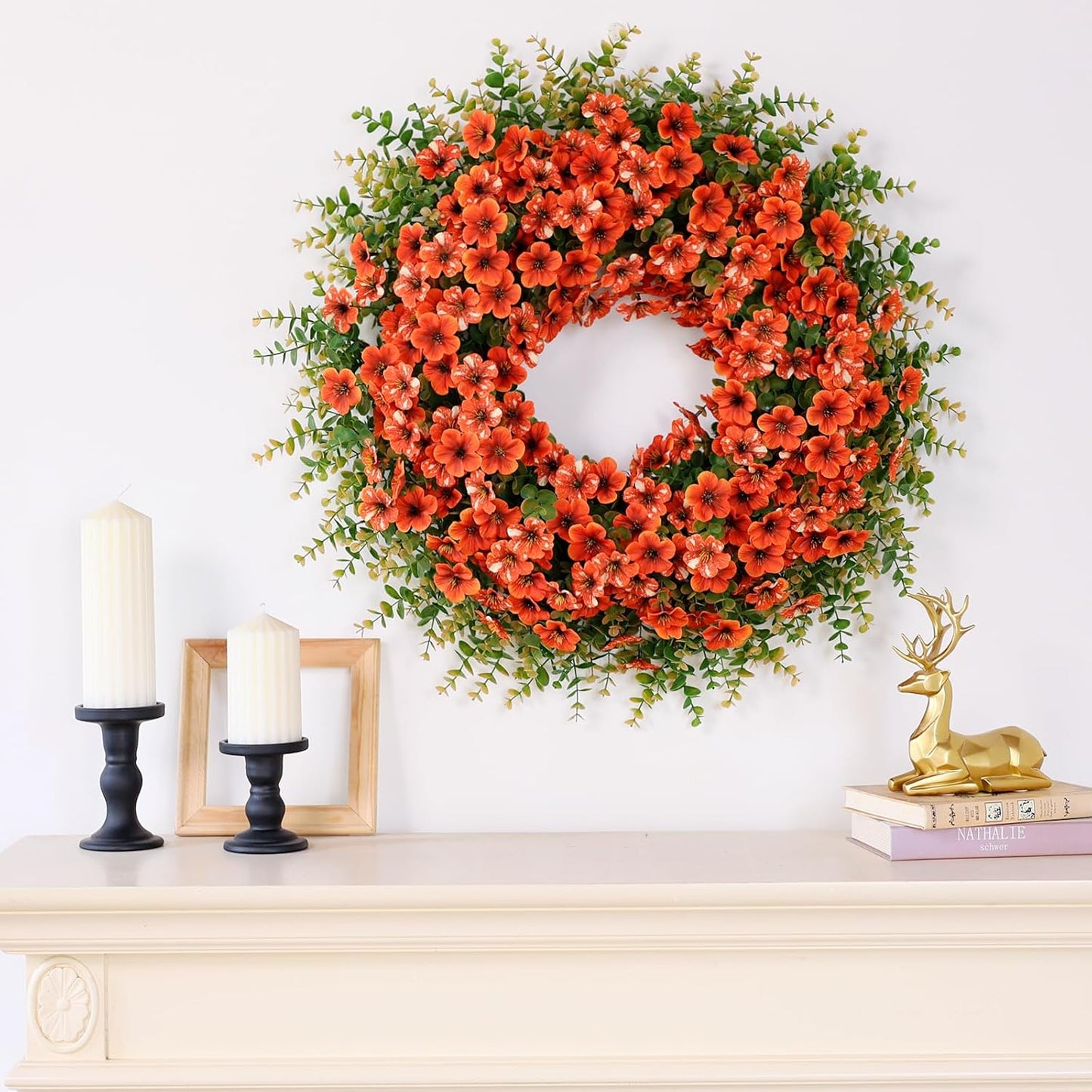 26" Fall Wreath for Front Door, Porch, Window - Large Artificial Boxwood Leaves with Fake Daisy Flowers Outdoor Wreath Faux Eucalyptus for Home Farmhouse Harvest Festival Thanksgiving Day Autumn Decor
