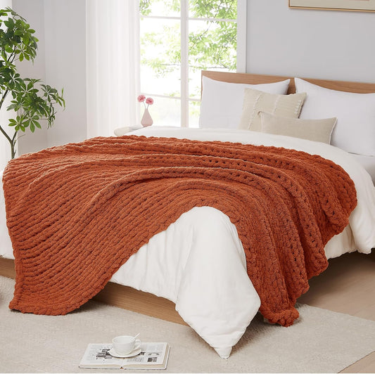 L'AGRATY Chunky Knit Blanket Throw: 50''x60'' Chenille Chunky Knitted Throw Blanket for Bed Couch - Handmade Thick Big Cable Knit Blanket - Large Crochet Rope Blanket for Home Decor(Rusty Orange)