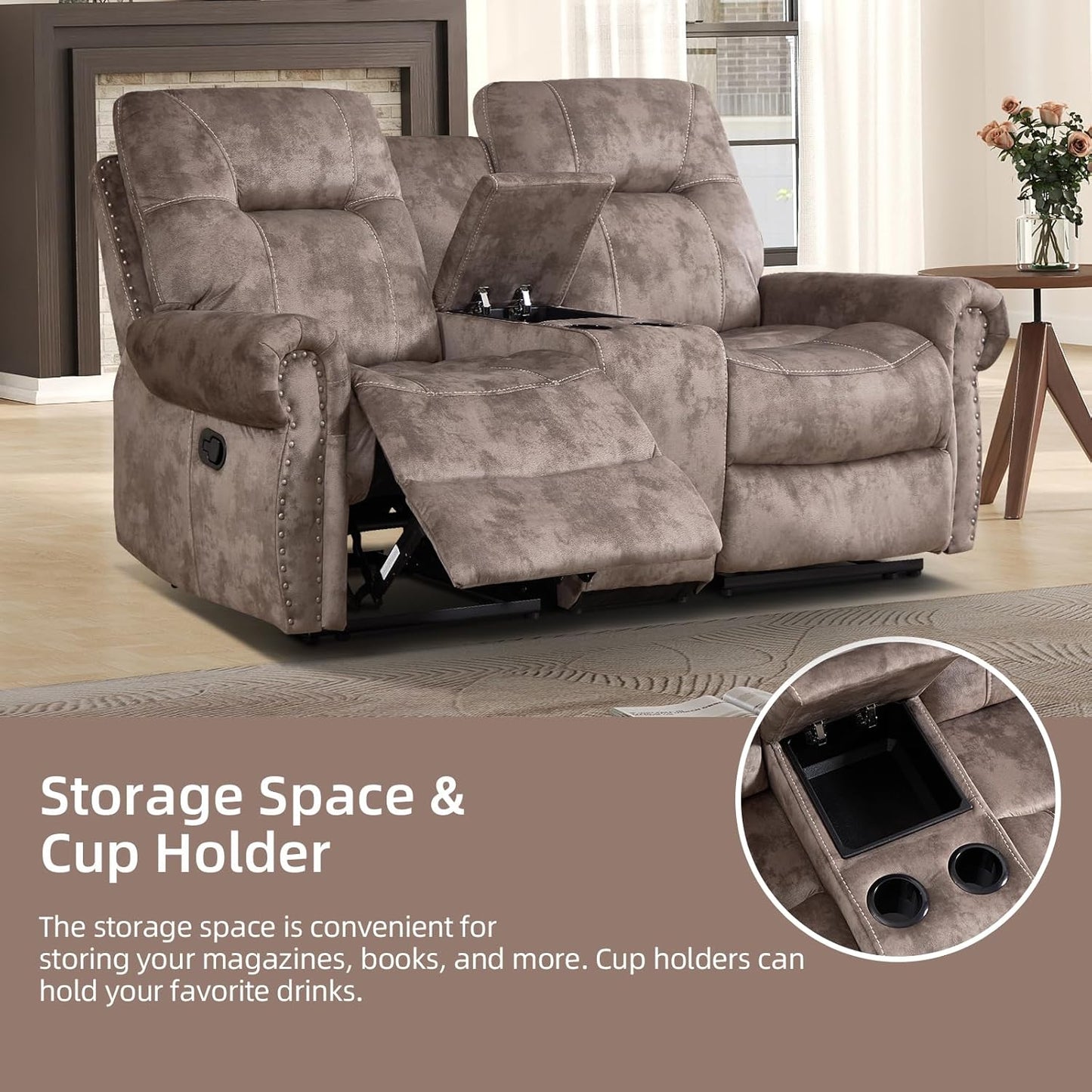 EBELLO 2 Pieces Reclining Couch Furniture Set for Living Room, 1 Seat Power Recliner Chair and a Manual Loveseat with Center Console, Hidden Storage and Cup Holders, Brown