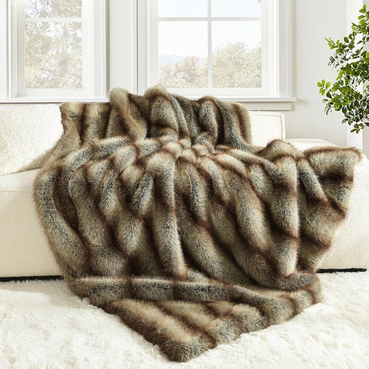 HORIMOTE HOME Luxury Plush Blanket, Soft & Cozy Fur Throw Blanket for Couch, Bed and Sofa, Fluffy Faux Fur Throw, with Shed-Free Design, 50x60 Inches Decorative Blankets, Brown Taupe Stripes
