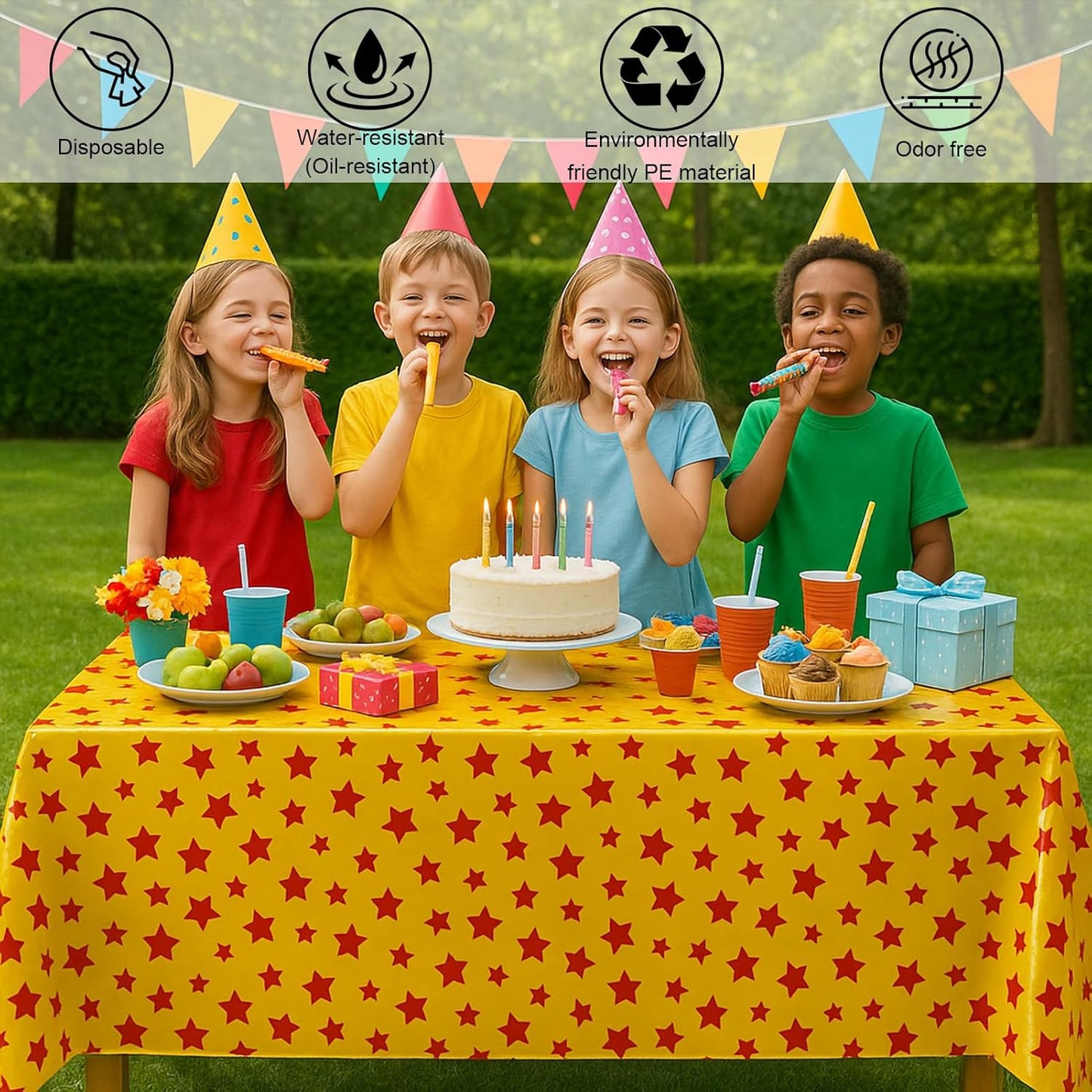 iCius Anime Theme Tablecloths 6-Pack Yellow and Red Stars Print 108"x54" - Disposable Table Covers for Cosplay Birthdays, Vedio Game Themed Party Decor Supplies