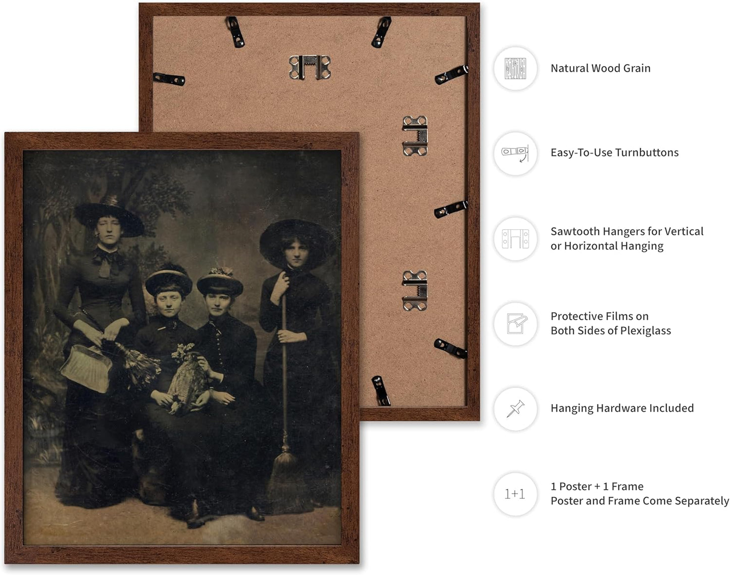 Poster Master Vintage Photograph Poster - Retro Halloween Print - Gift for Artist, Friend - Four Witches Wearing Robes, Sabbath, Coven, Sorcery - Wall Decor for Home, Office, 11x14 Brown Framed