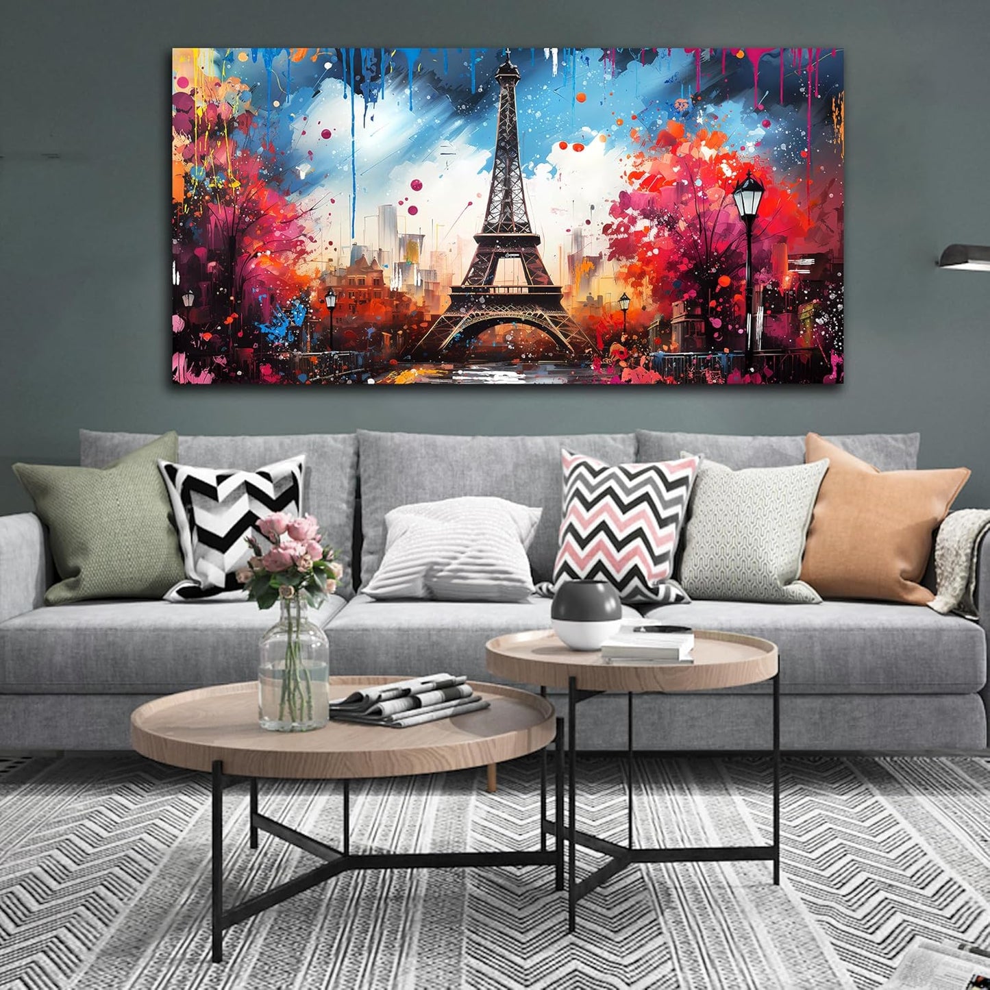 Large Canvas Wall Art Paris Eiffel Tower Decor Modern Blue and Red Graffiti Canvas Prints Ready to Hang for Living Room Bedroom Framed Home Decor Size 24x48