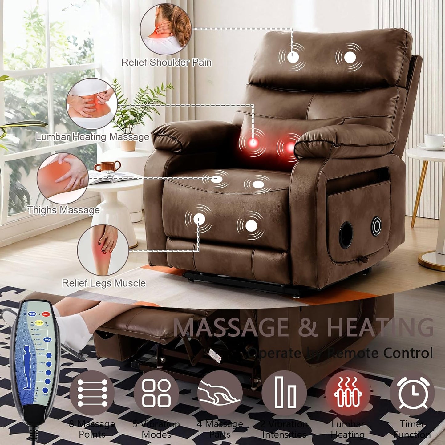 Dual Motor Power Lift Recliner Chair for Adult & Elderly, Infinite Position Lay Flat Lift Chair with Heat & Massage, Cup Holder, Lumbar Pillow, Wireless Charger, USB Ports, Leather (Ochre)