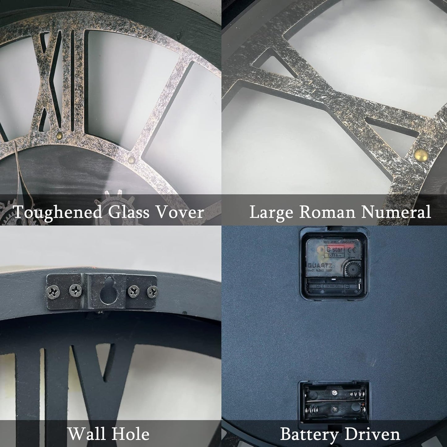 24 Inch Moving Gear Wall Clock, Oversized Wall Clocks, Clock Living Room Decor, Solid Wood Frame, Battery Operated, Large Wall Clock with Steampunk Industrial for Fireplace(Black)