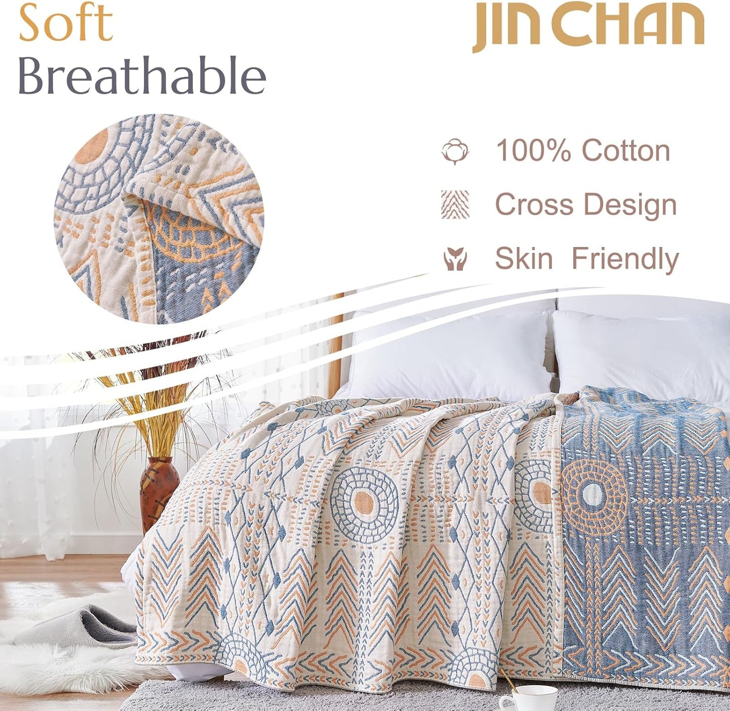 jinchan Boho 100% Cotton Muslin 50x60 Throw Blanket Lightweight 4-Layer Orange Multi Reversible Blanket Washable Breathable Decorative Geometric Striped Pattern Soft Comfy for Couch Bed All Seasons