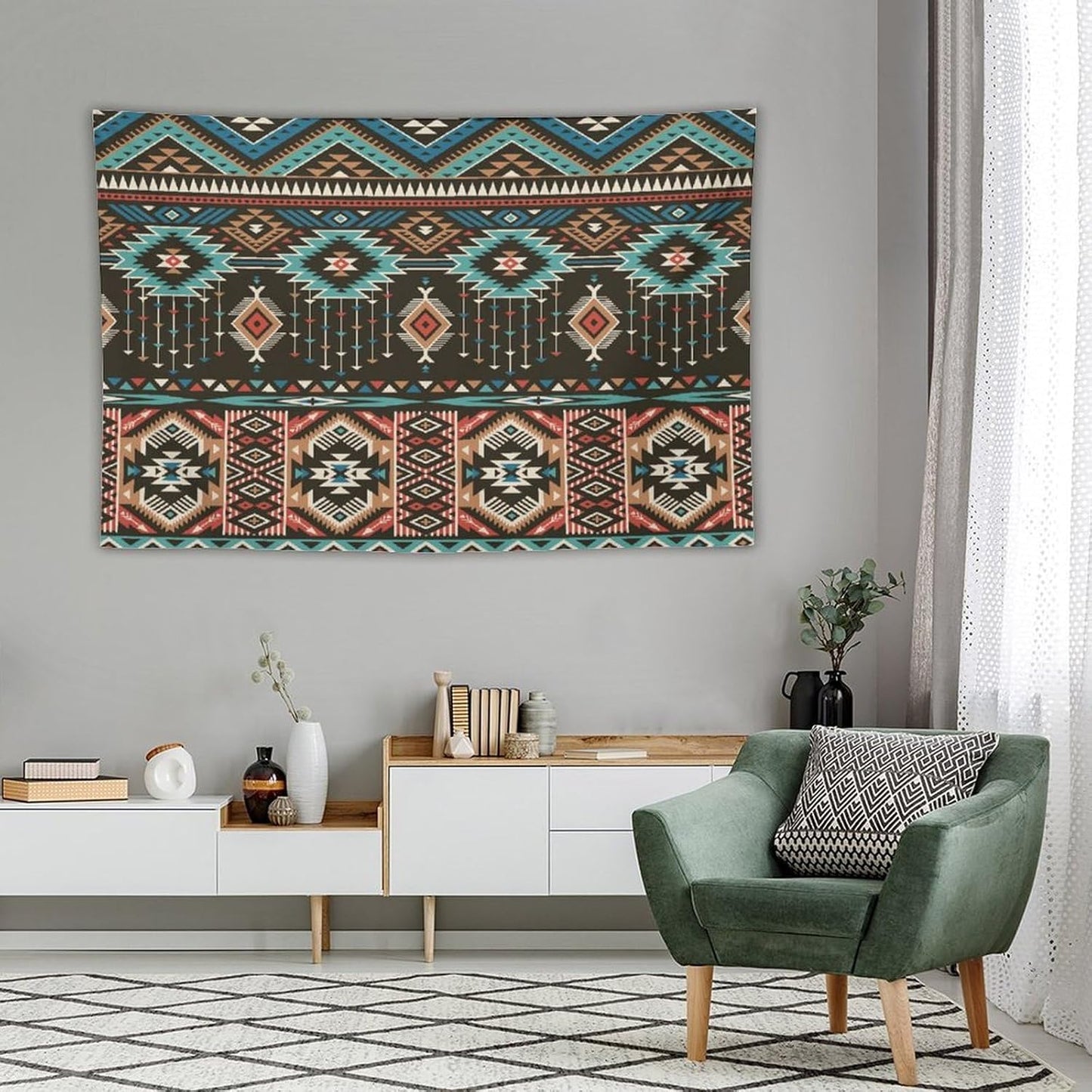 HZOHNAGO Aztec Tapestry Turquoise Blue and Brown and Native American Tribal Pattern Printed Wall Tapestry Wall Hanging for Bedroom Living Room Dorm 90" W x 60" H