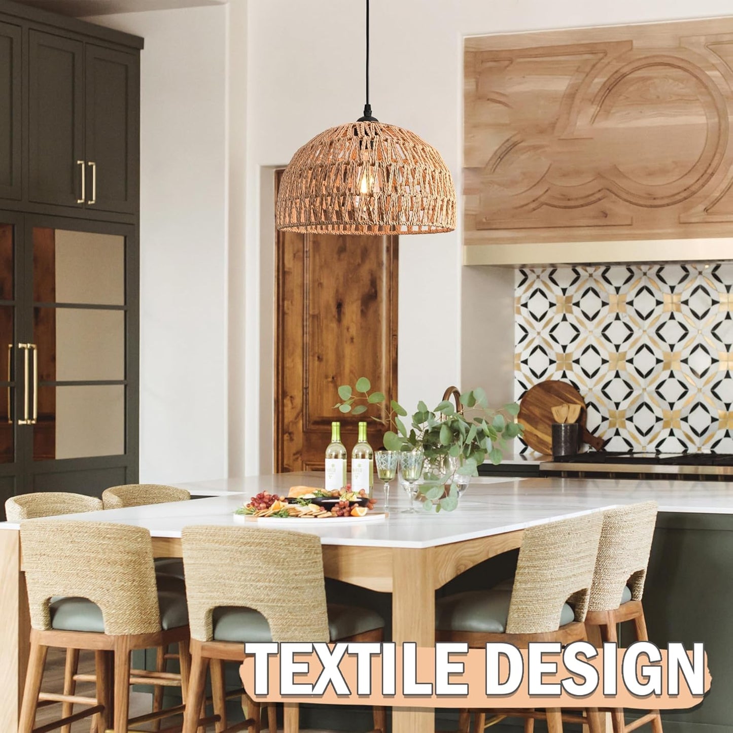 Brown Rattan Light Fixture 15ft Plug In Pendant Light Woven Pendant Light Boho Chandelier Wicker Pendant Light Boho Pendant Light Plug In for Dining Room Kitchen Island Bedroom(Bulb Incl.)