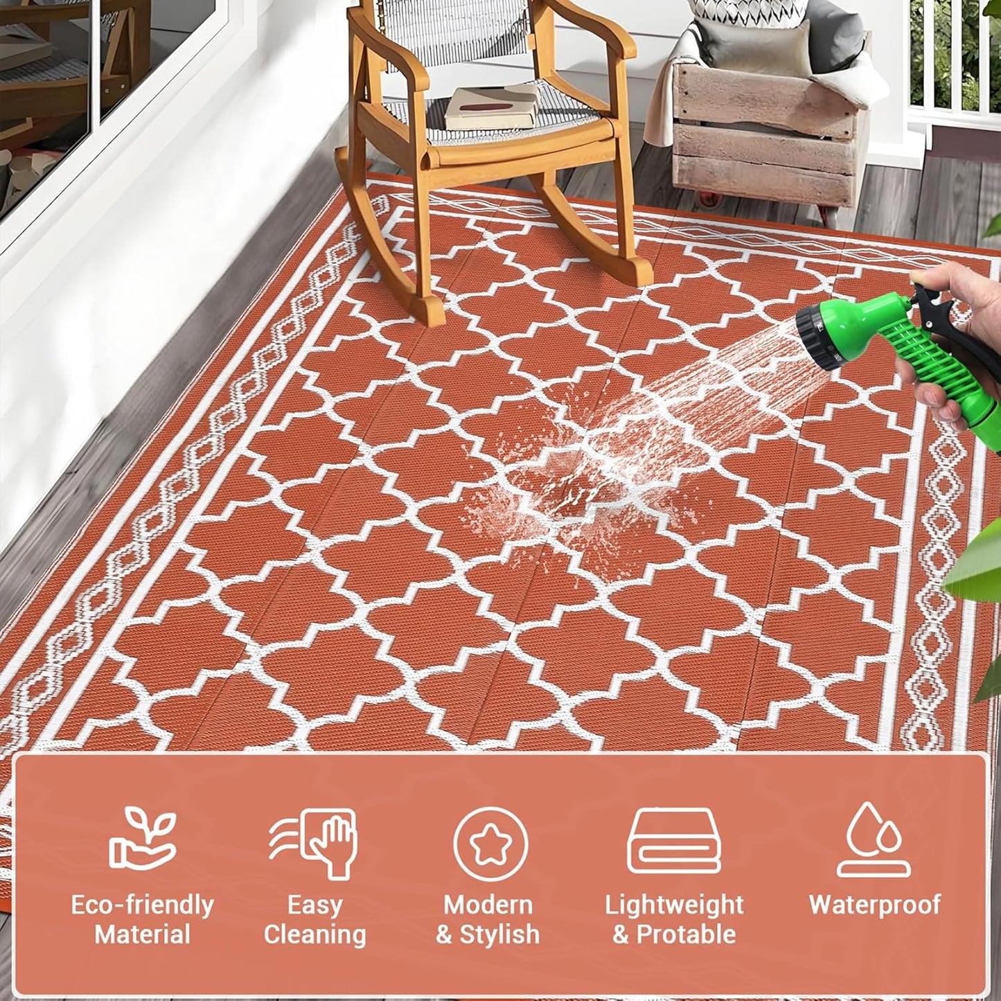 GAOMON Outdoor Rug 9'x12' Waterproof Rug for Patio Decor, Foldable Reversible Plastic Straw Area Rugs Mat for Camper, Outside Carpet for Deck, Porch, Picnic, Beach, Orange/White(Bohemia)