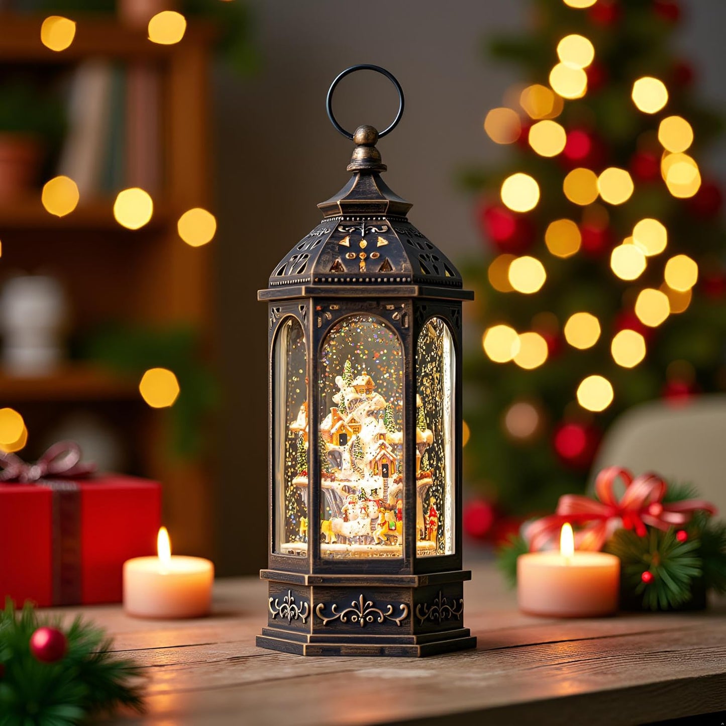 Animated Christmas Village Buildings with Moving Figurines Lighted Water Lantern, USB Lined/Battery Operated Snow Globe for Christmas Festival Decoration Gifts