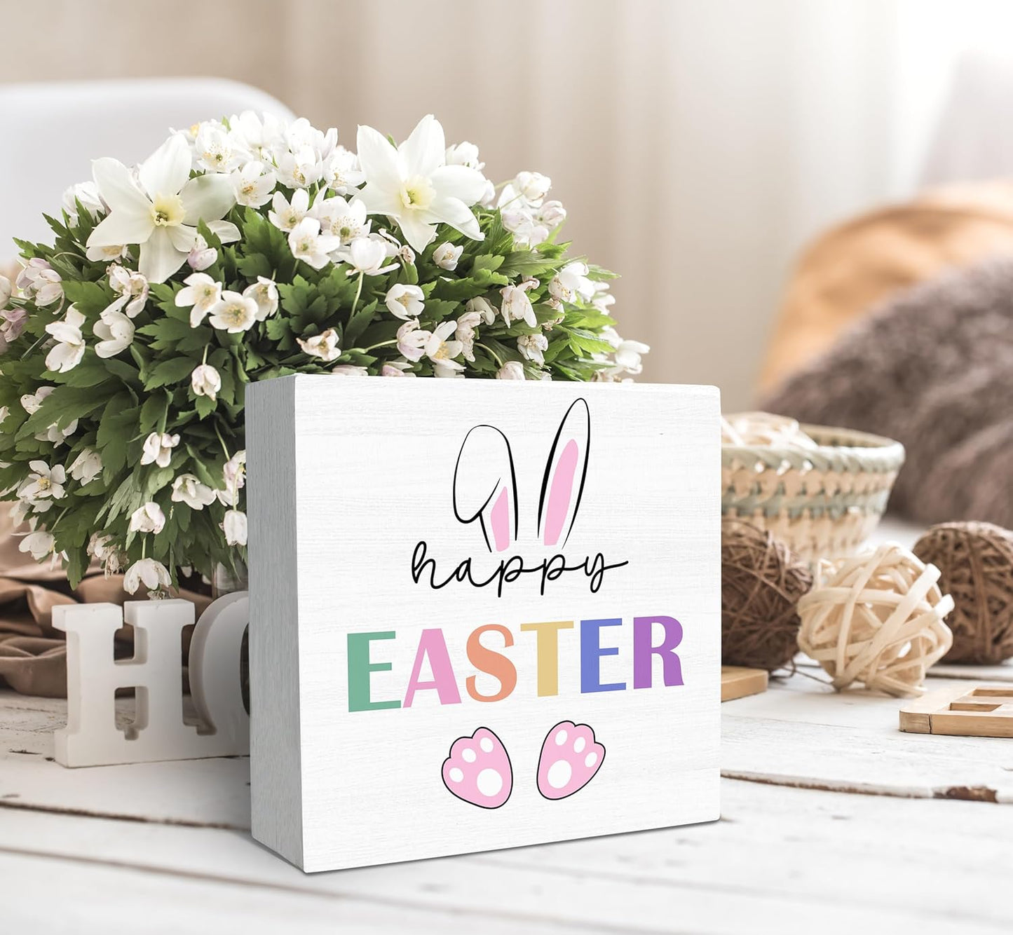SRADMO Happy Easter Sign, Cute Bunny's Ear Easter Wood Box Sign Desk Decor, Easter Bunny Decorations, Easter Theme Wooden Block Box Sign Decoration for Home Office Shelf Table Decor